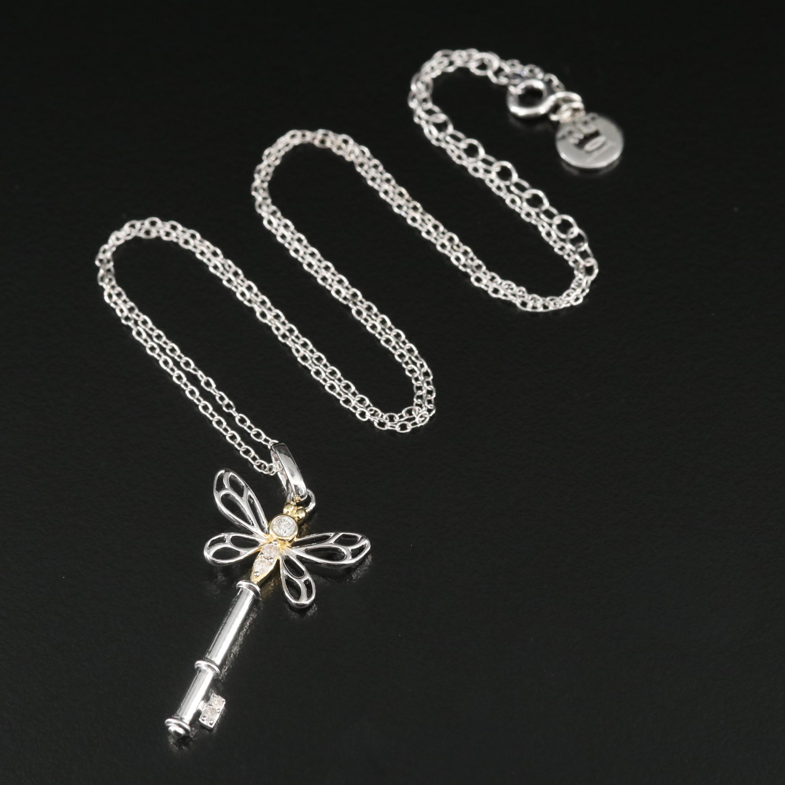 Sterling Diamond Butterfly Key Pendant Necklace