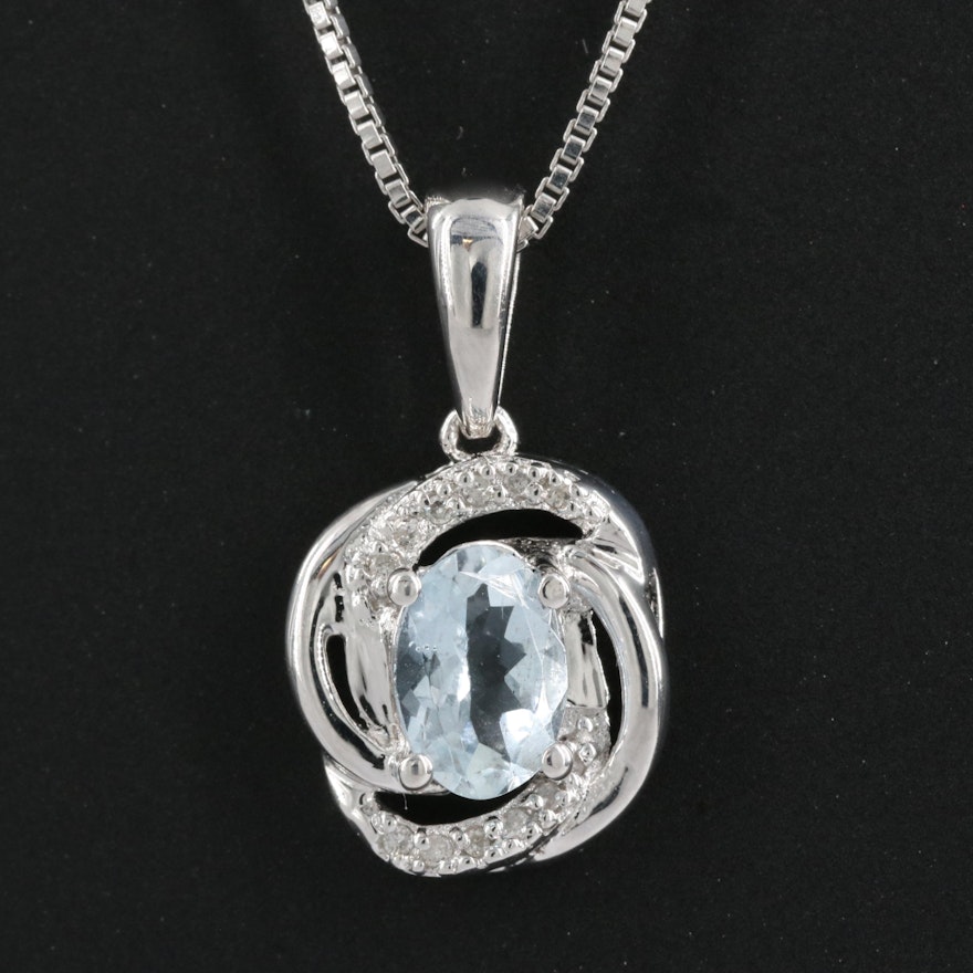 Sterling Aquamarine and Diamond Pendant on Italian Box Chain