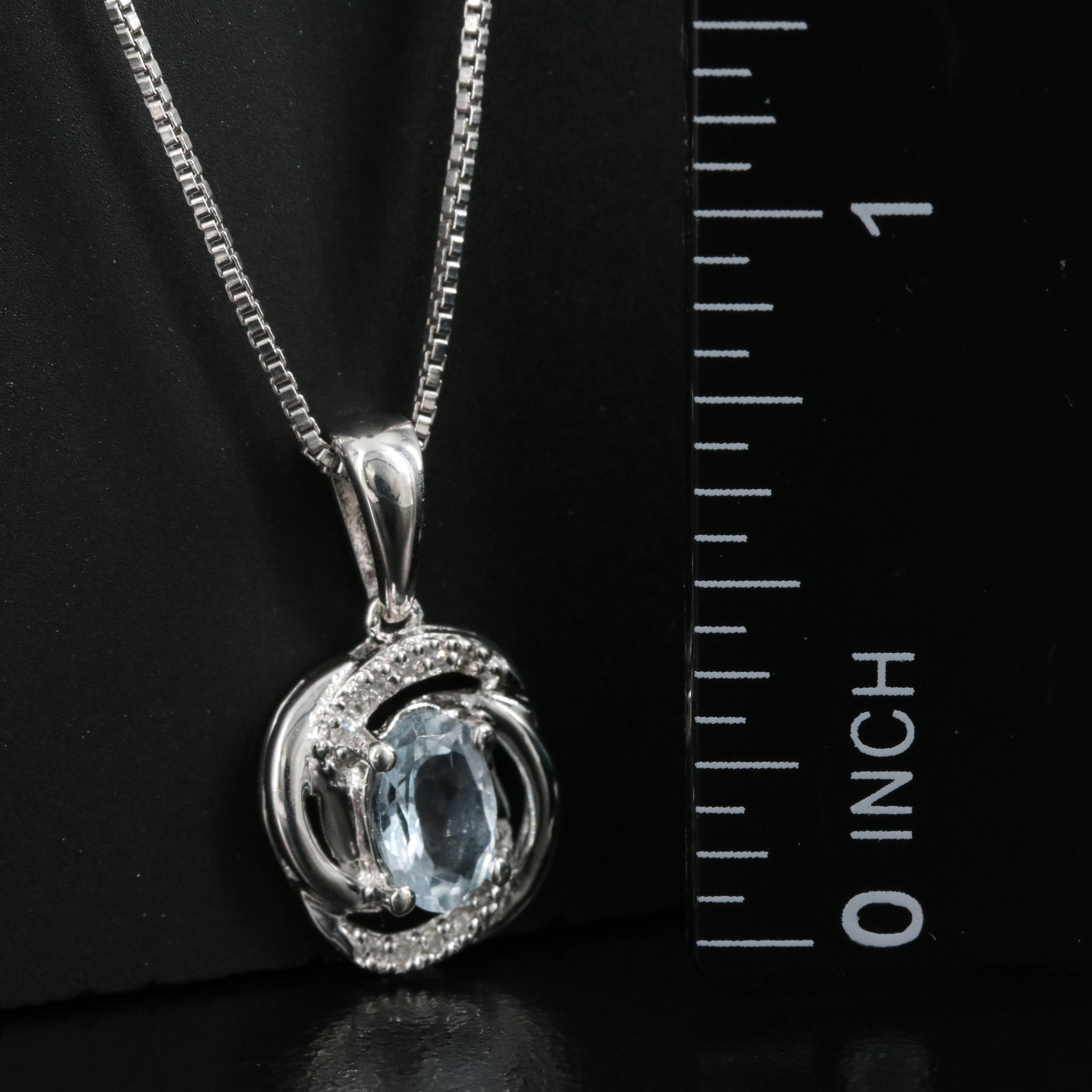 Sterling Aquamarine and Diamond Pendant on Italian Box Chain