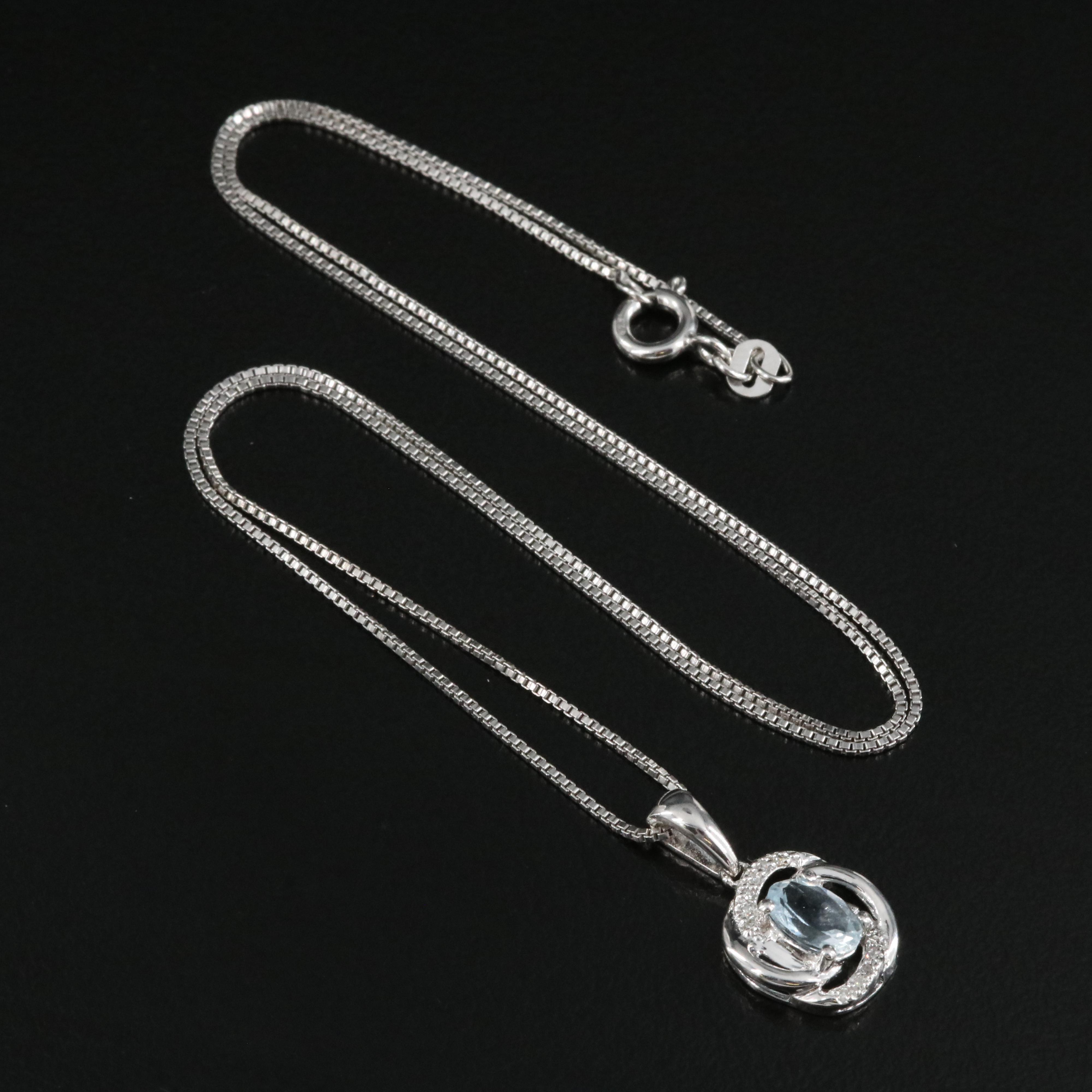 Sterling Aquamarine and Diamond Pendant on Italian Box Chain