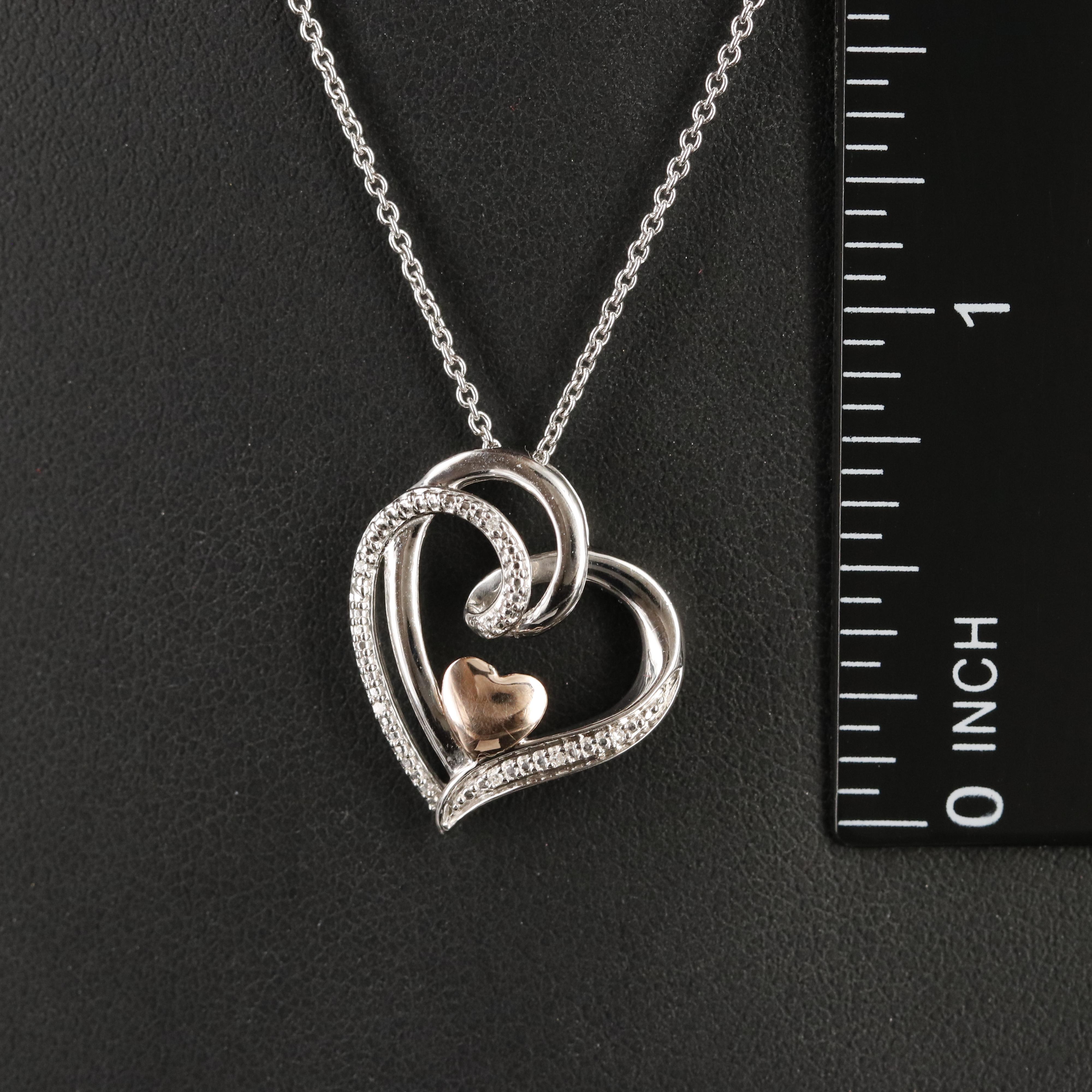 Sterling Diamond Heart Pendant Necklace with 10K Rose Gold Accent