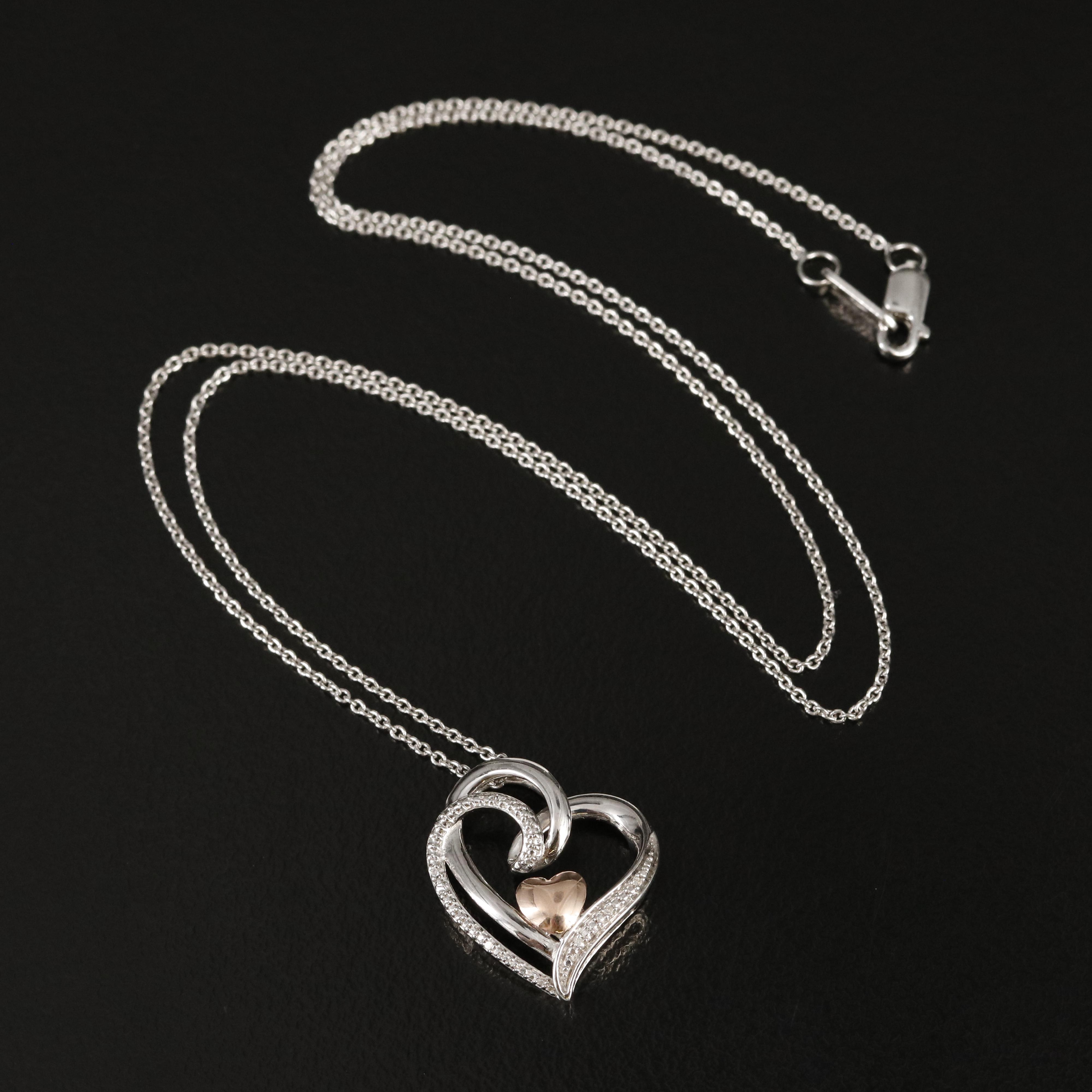 Sterling Diamond Heart Pendant Necklace with 10K Rose Gold Accent