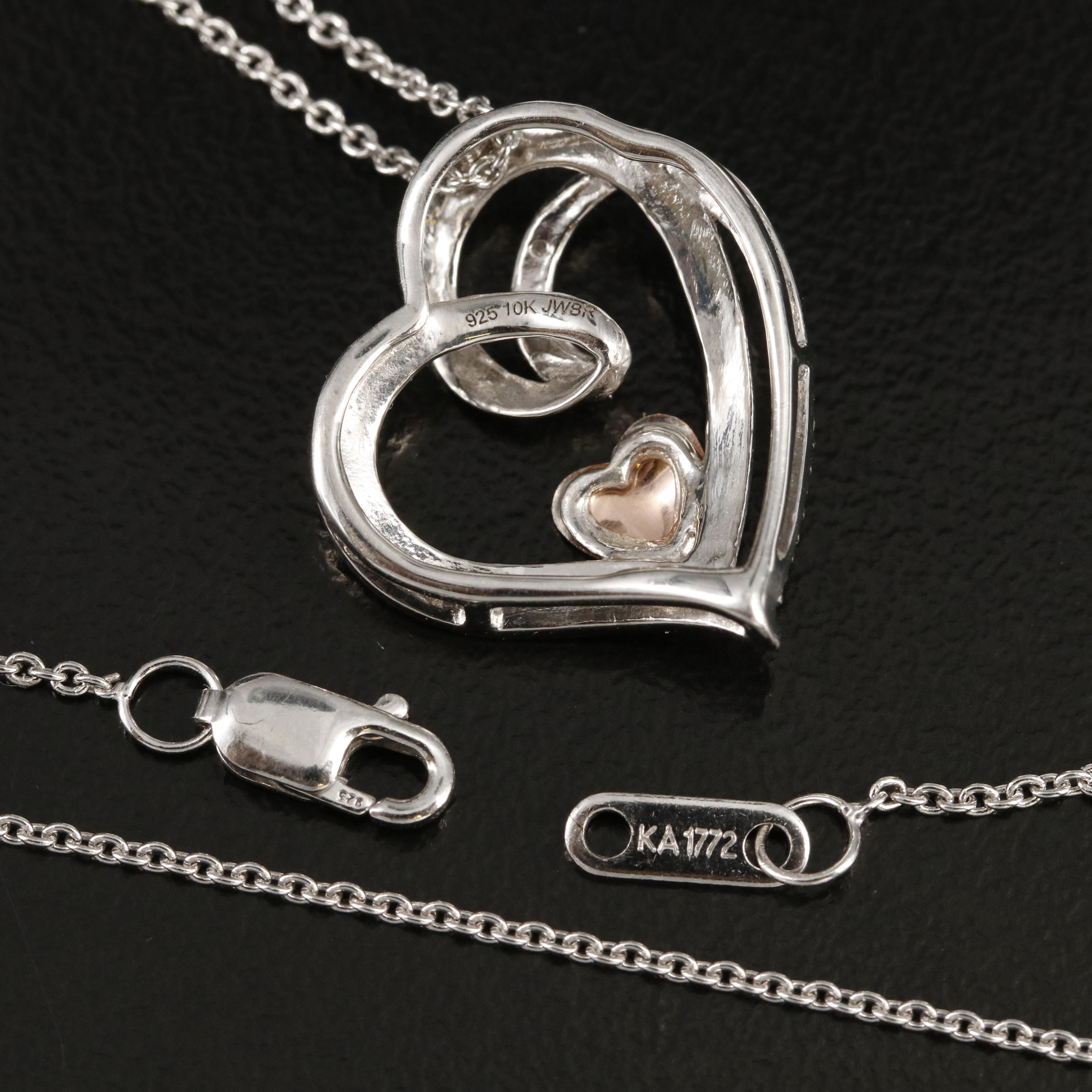 Sterling Diamond Heart Pendant Necklace with 10K Rose Gold Accent