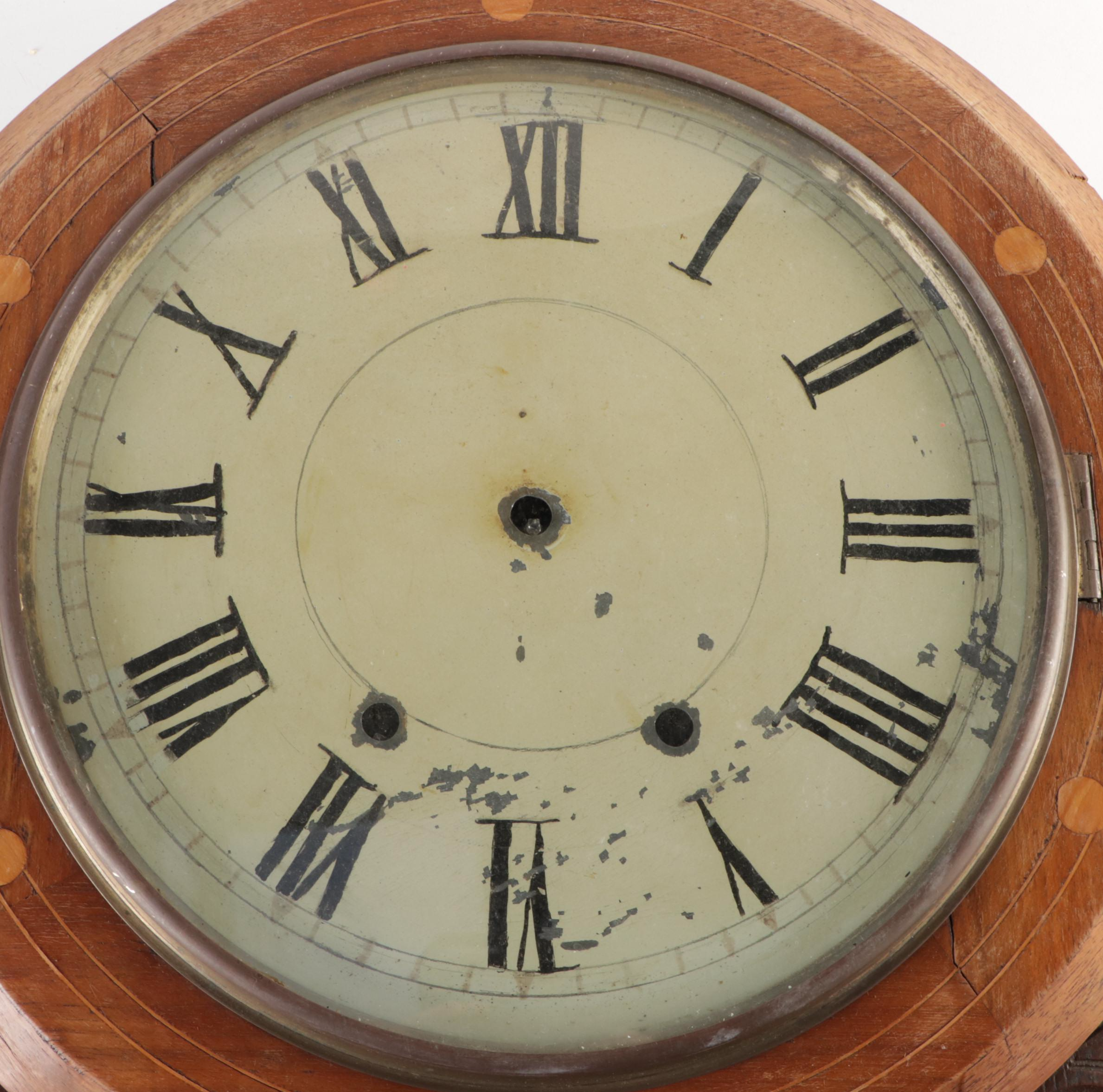 Victorian Wood Inlay Schoolhouse Wall Clock, Late 19th Century