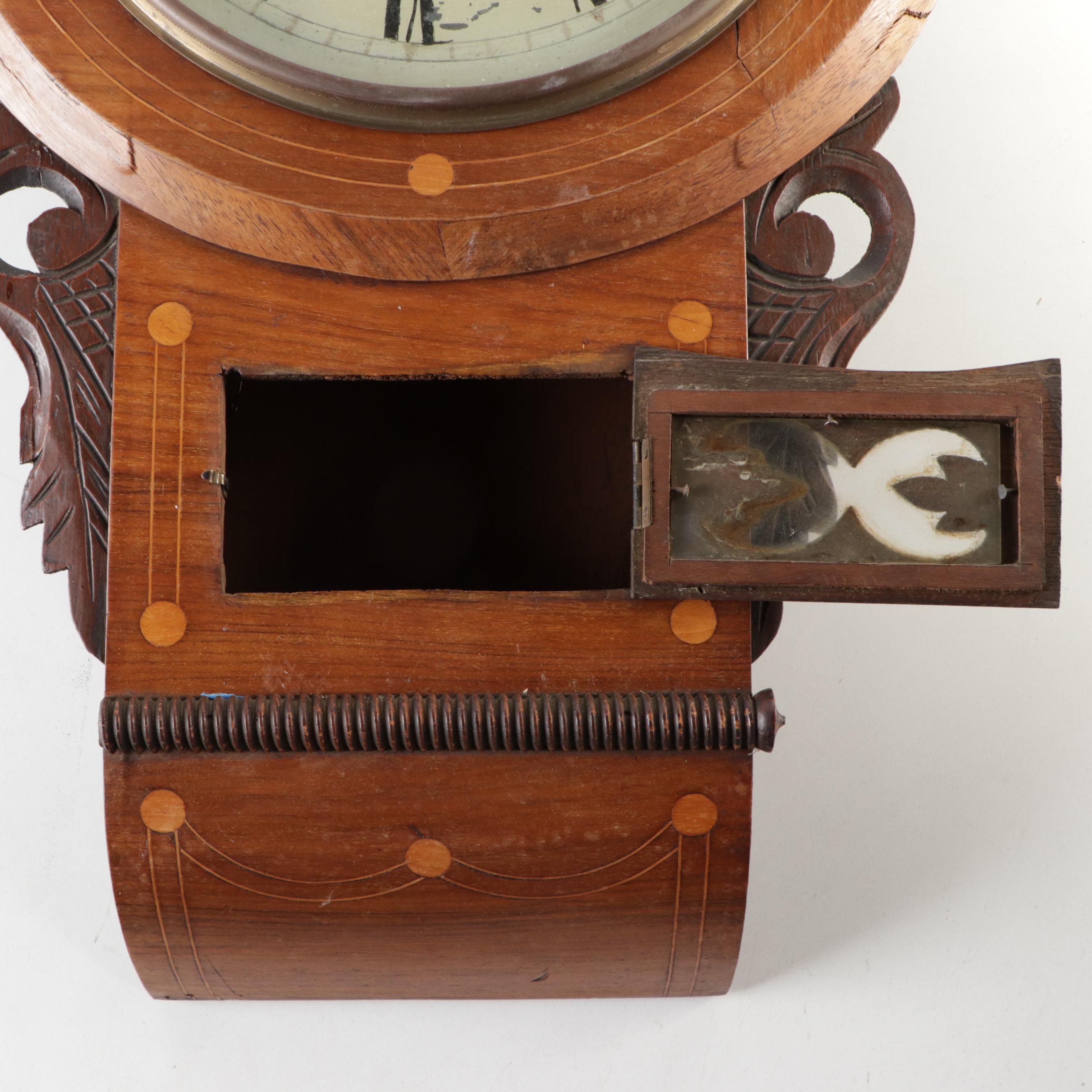 Victorian Wood Inlay Schoolhouse Wall Clock, Late 19th Century