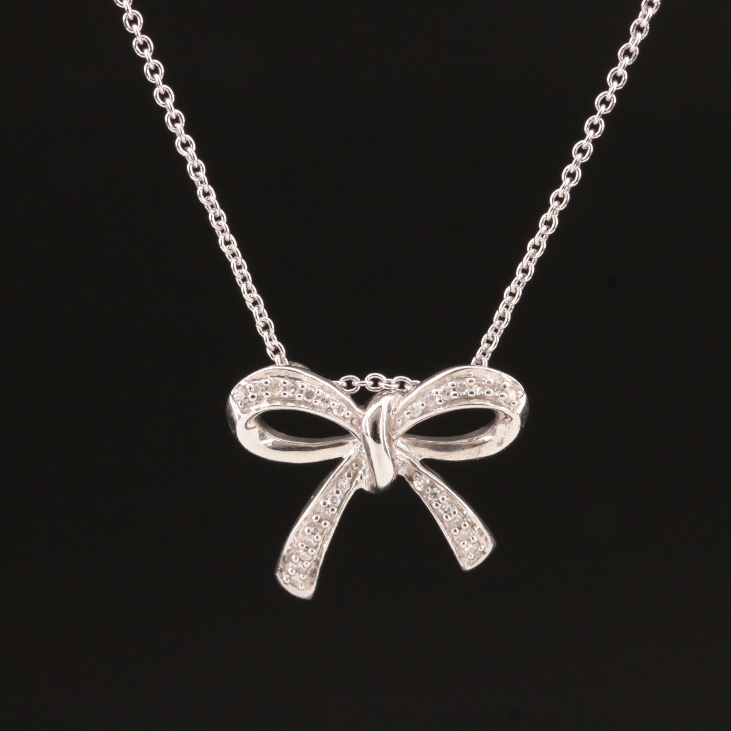Sterling Diamond Bow Pendant Necklace