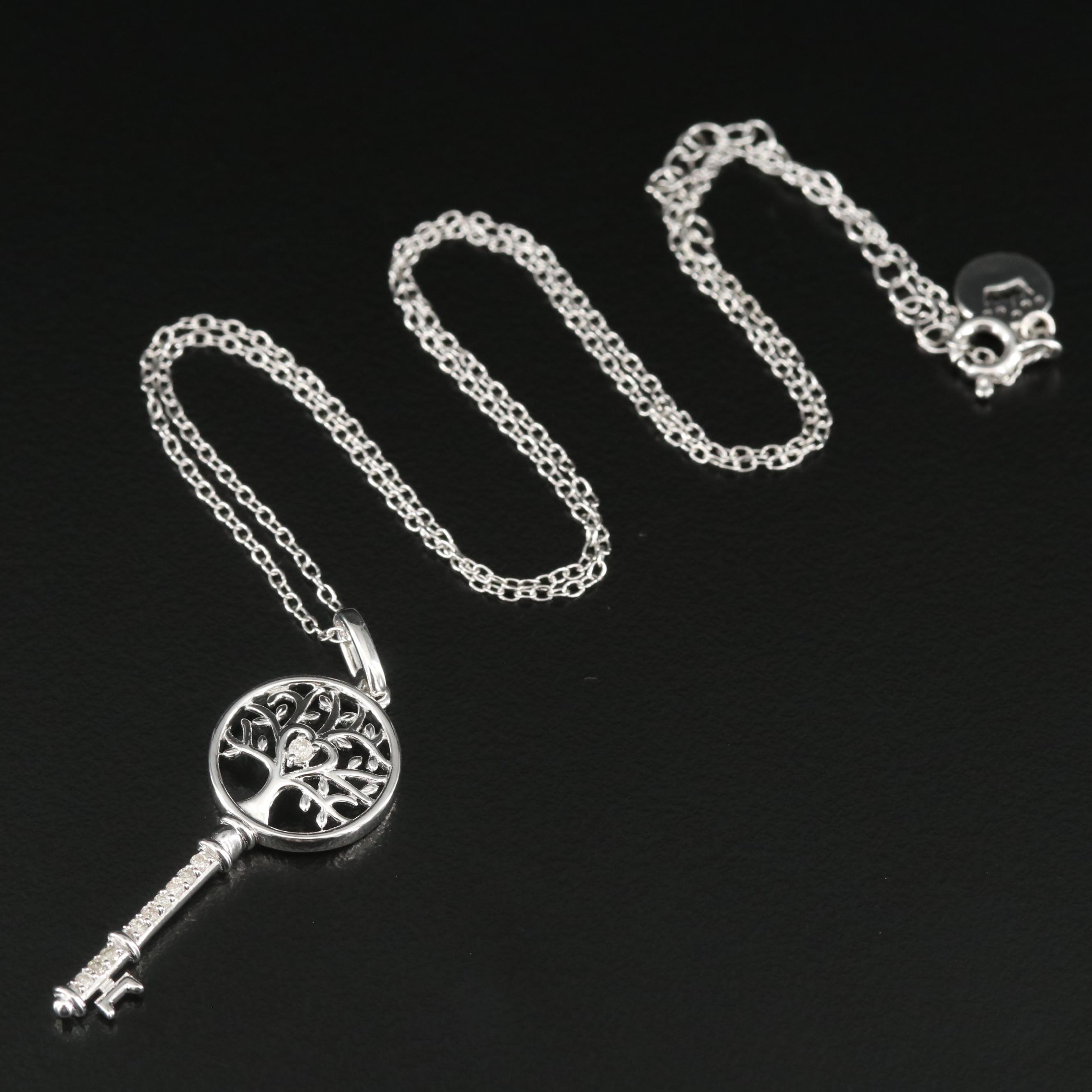 Sterling Diamond Tree of Life Key Pendant Necklace
