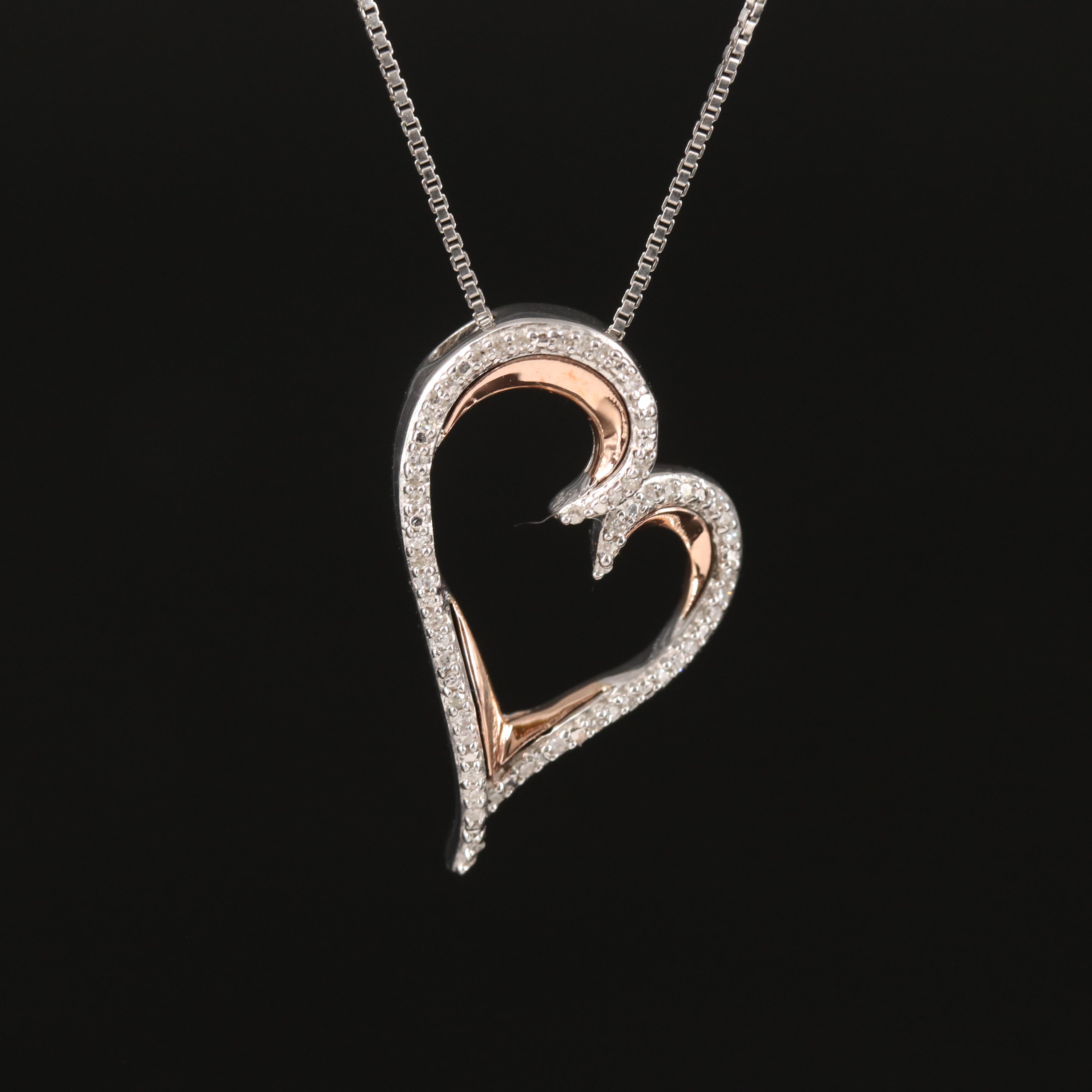 Sterling Diamond Heart Pendant Necklace with 10K Rose Gold Accent