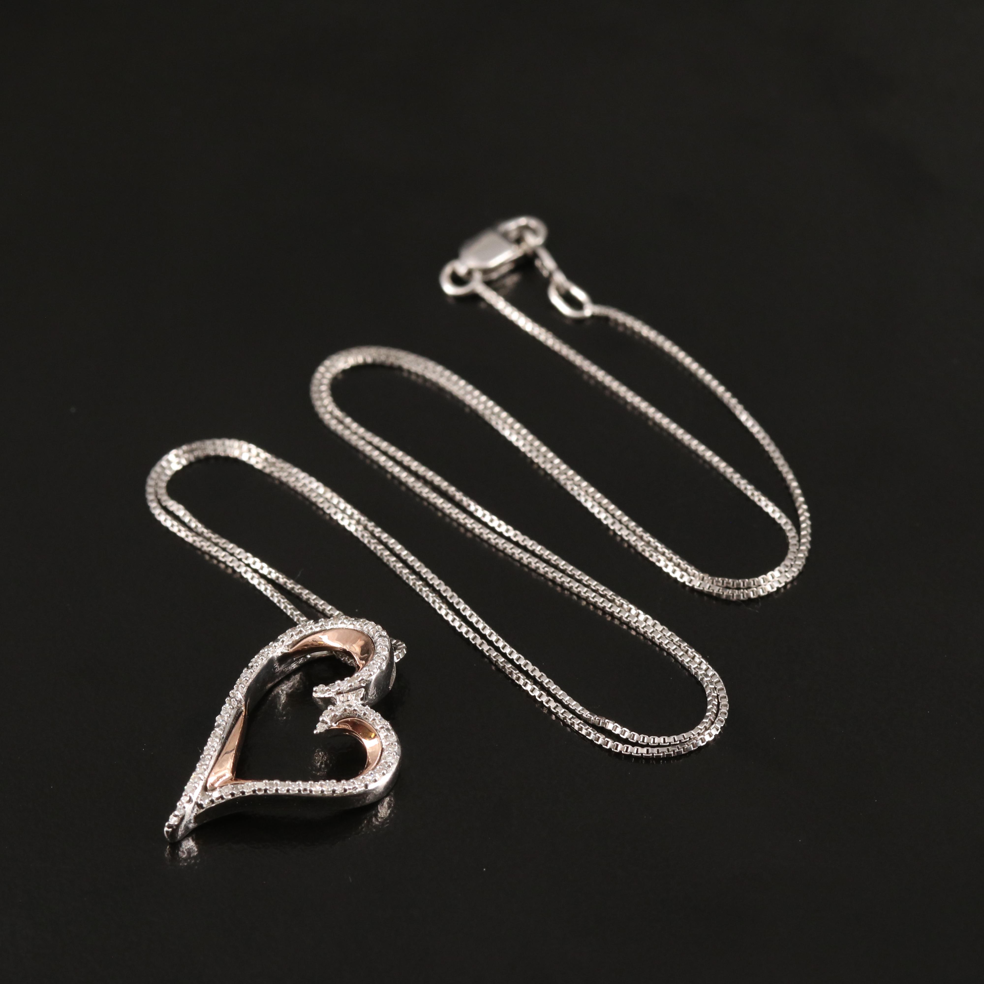 Sterling Diamond Heart Pendant Necklace with 10K Rose Gold Accent