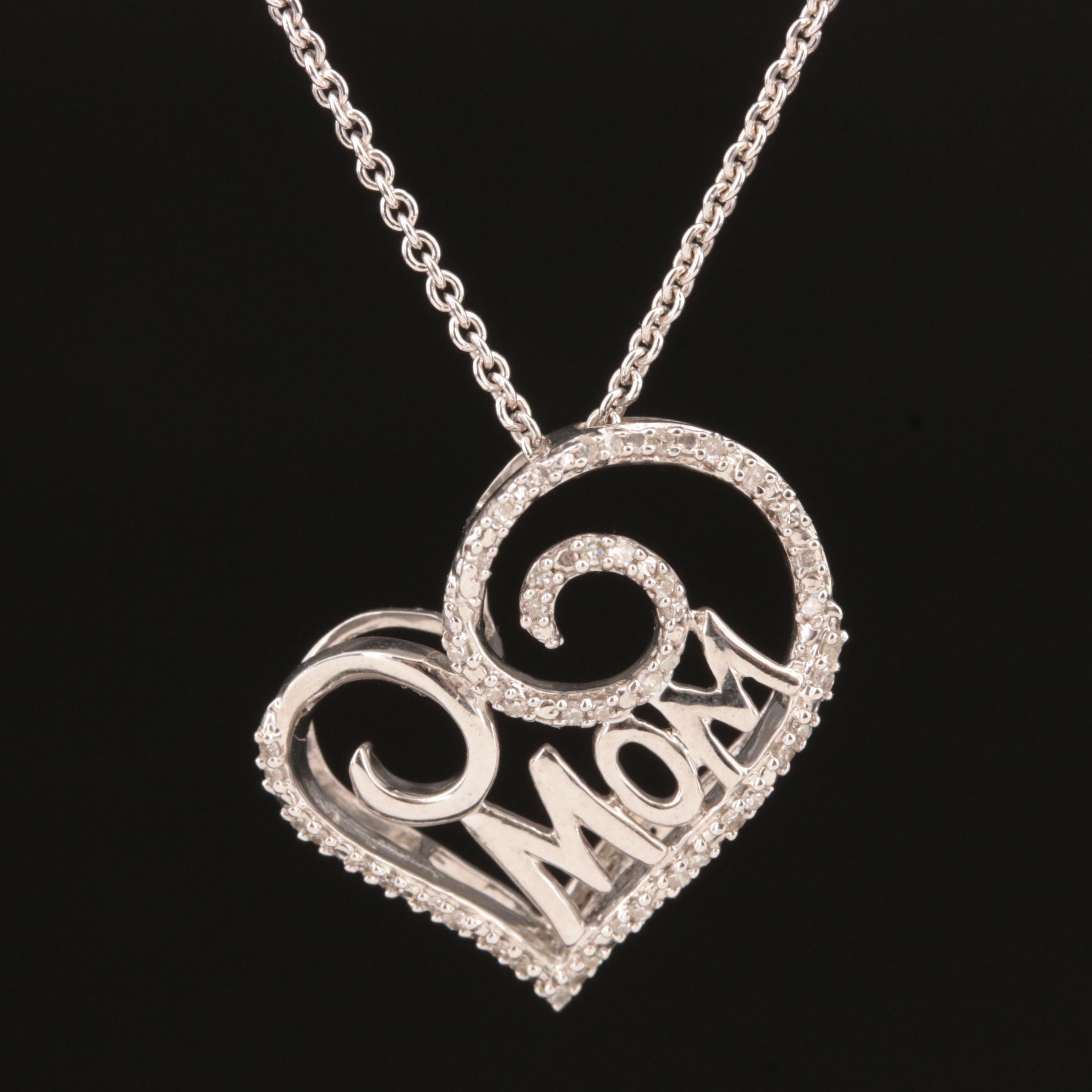 Sterling Diamond "Mom" Heart Pendant Necklace