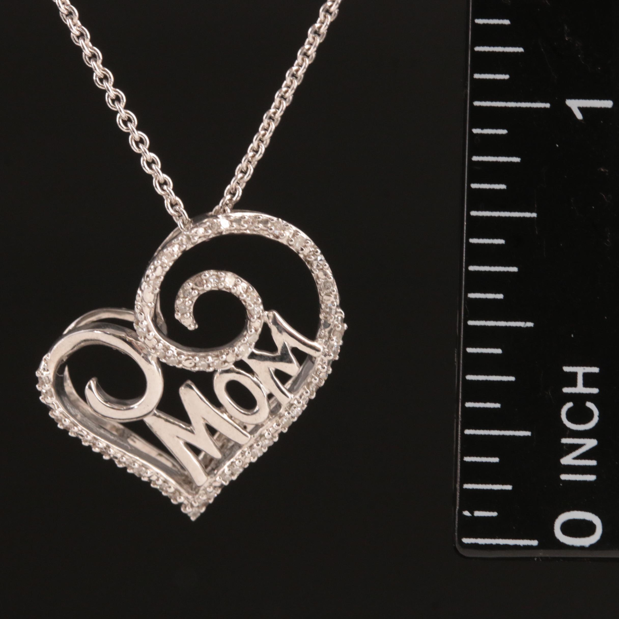 Sterling Diamond "Mom" Heart Pendant Necklace