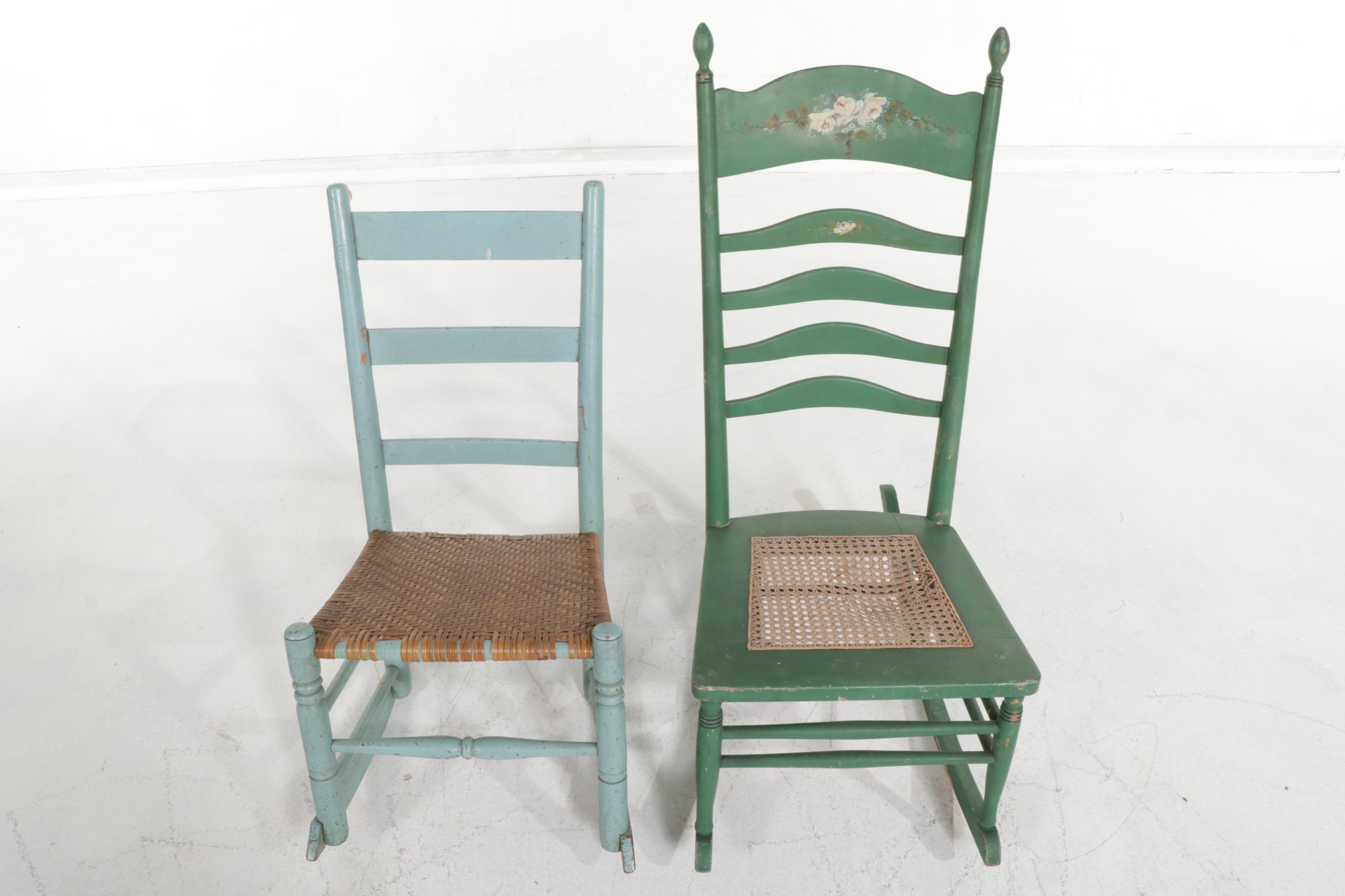 Two Painted Wood Ladder-Back Rocking Chairs, Early 20th Century