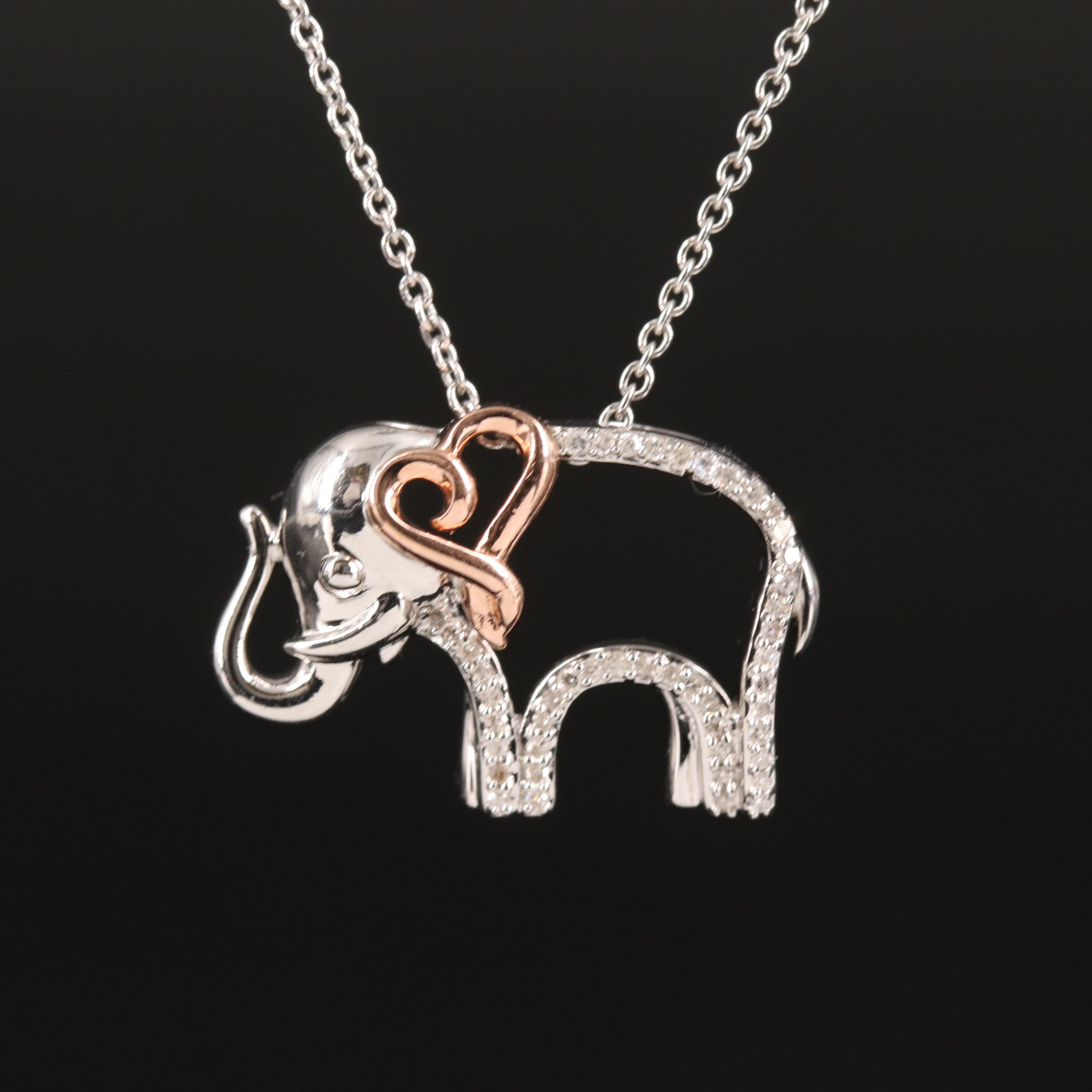 Sterling Diamond Elephant Necklace with Heart Accent