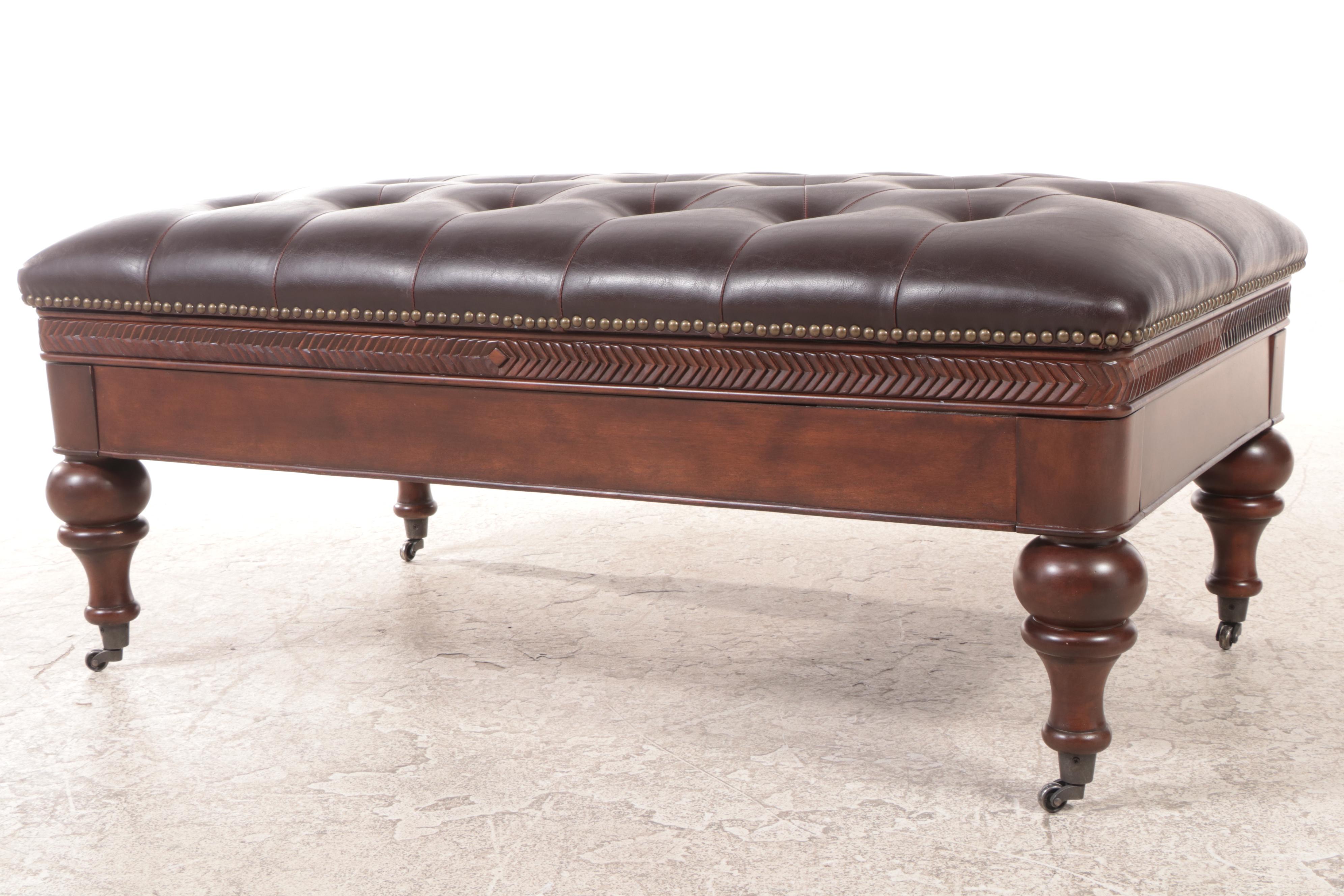 Tufted Leather Ottoman with Narrow Drawer