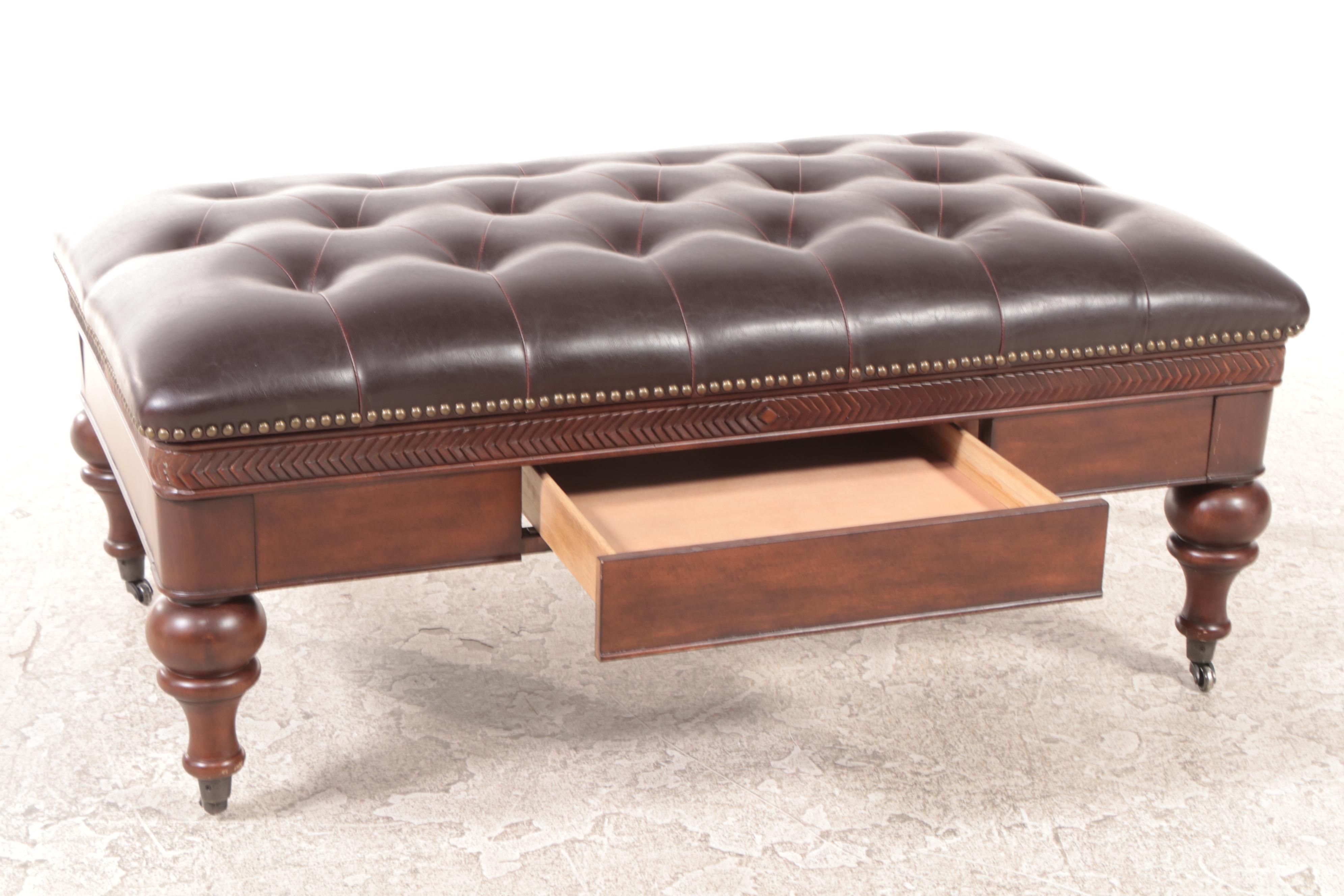 Tufted Leather Ottoman with Narrow Drawer