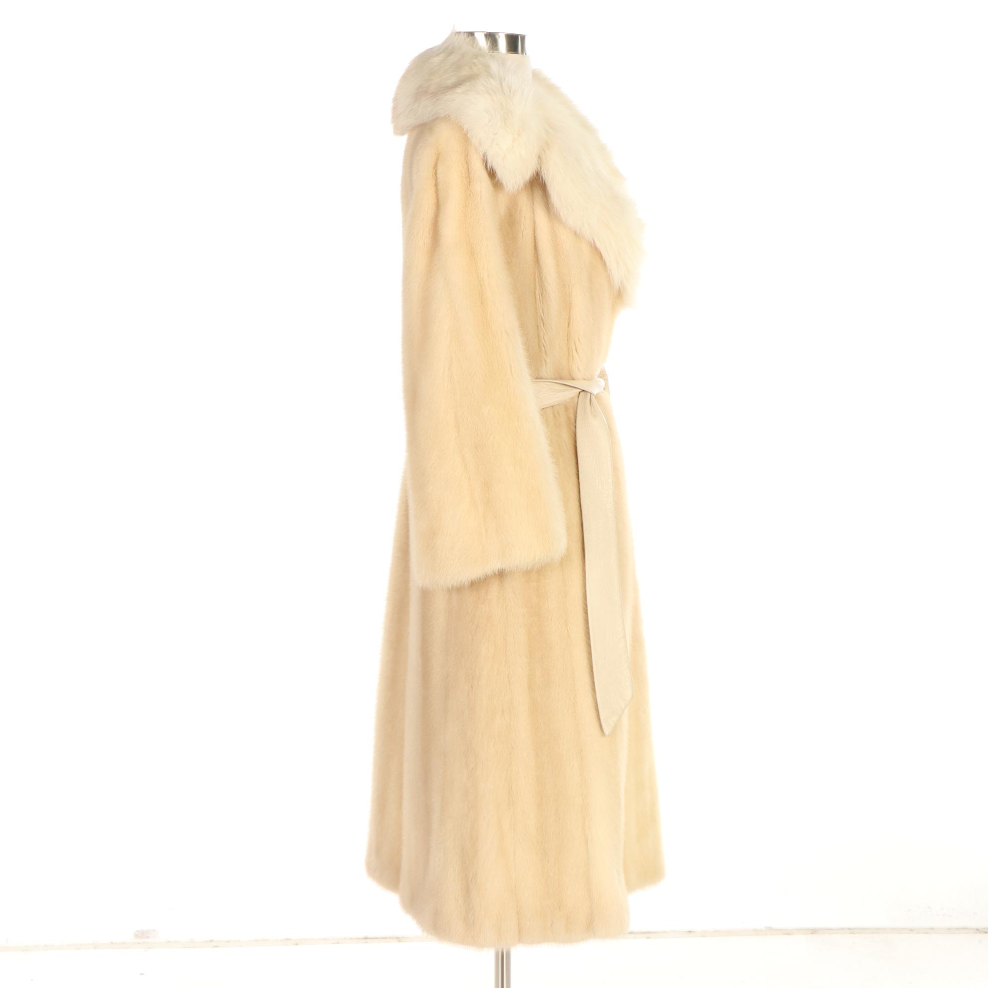 Blonde Mink Fur Belted Coat w/Fox Fur Spread Notch Collar by David Hochstein