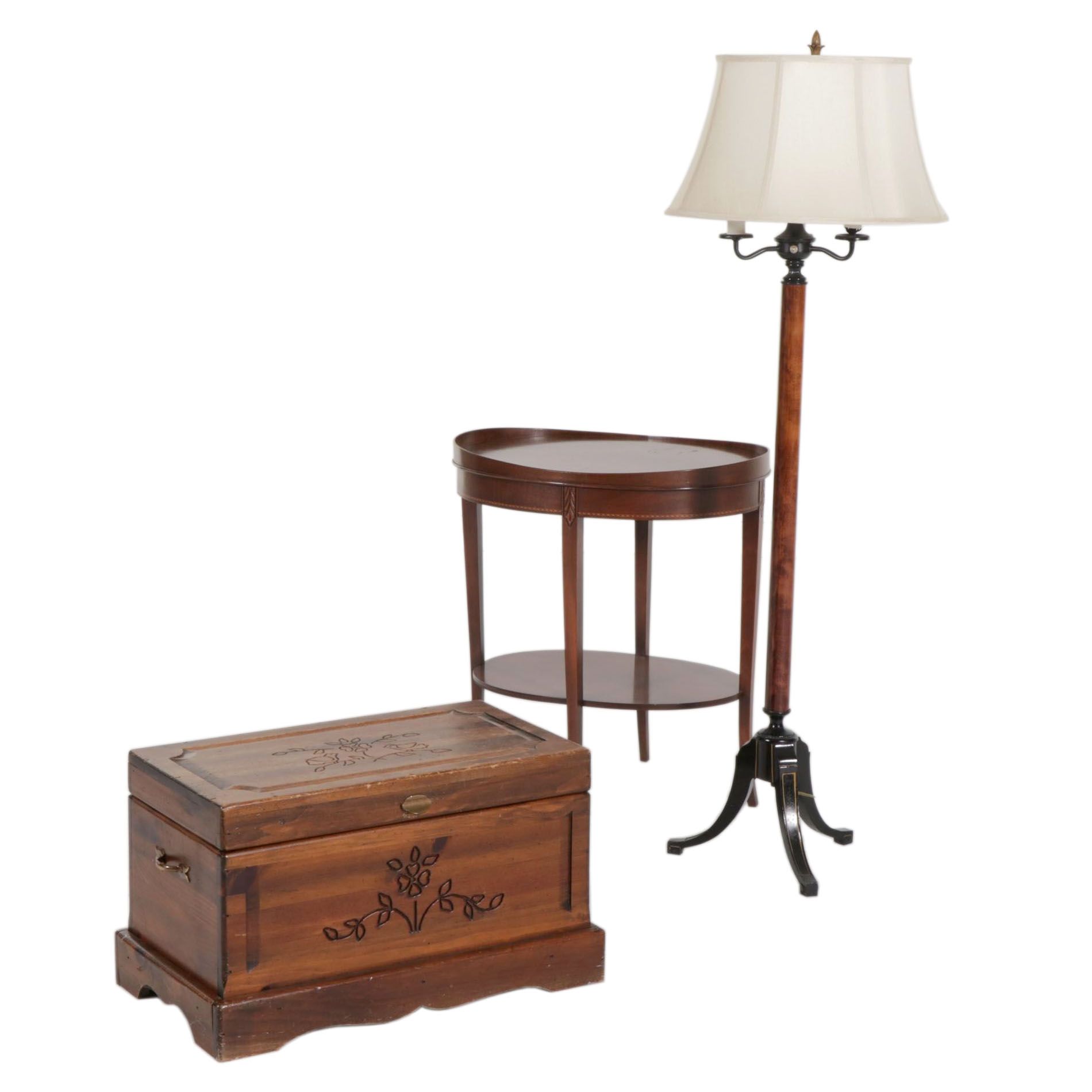 Mersman Mahogany Oval Two-Tier Side Table with Floor Lamp and Wood Chest