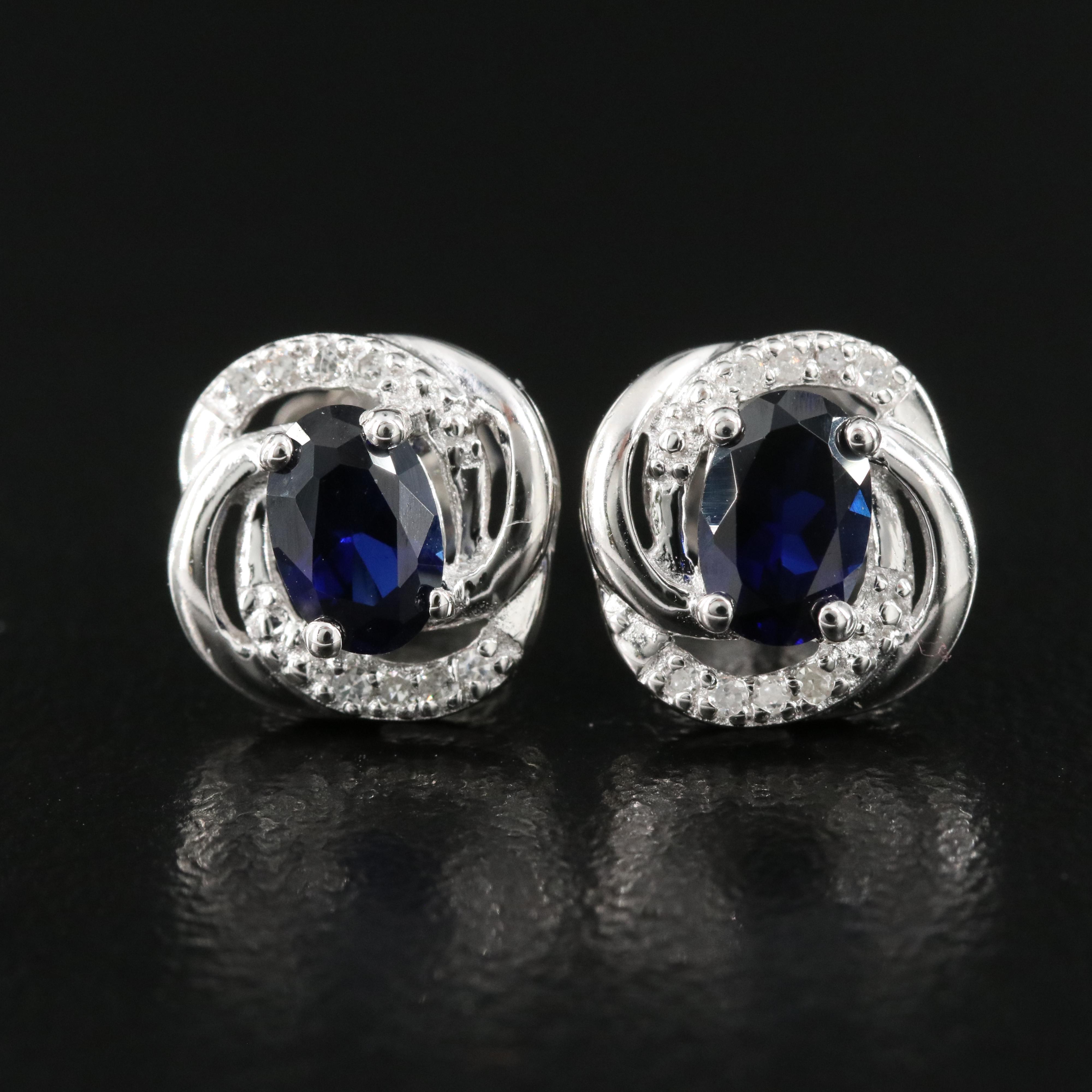 Sterling Sapphire and Diamond Stud Earrings