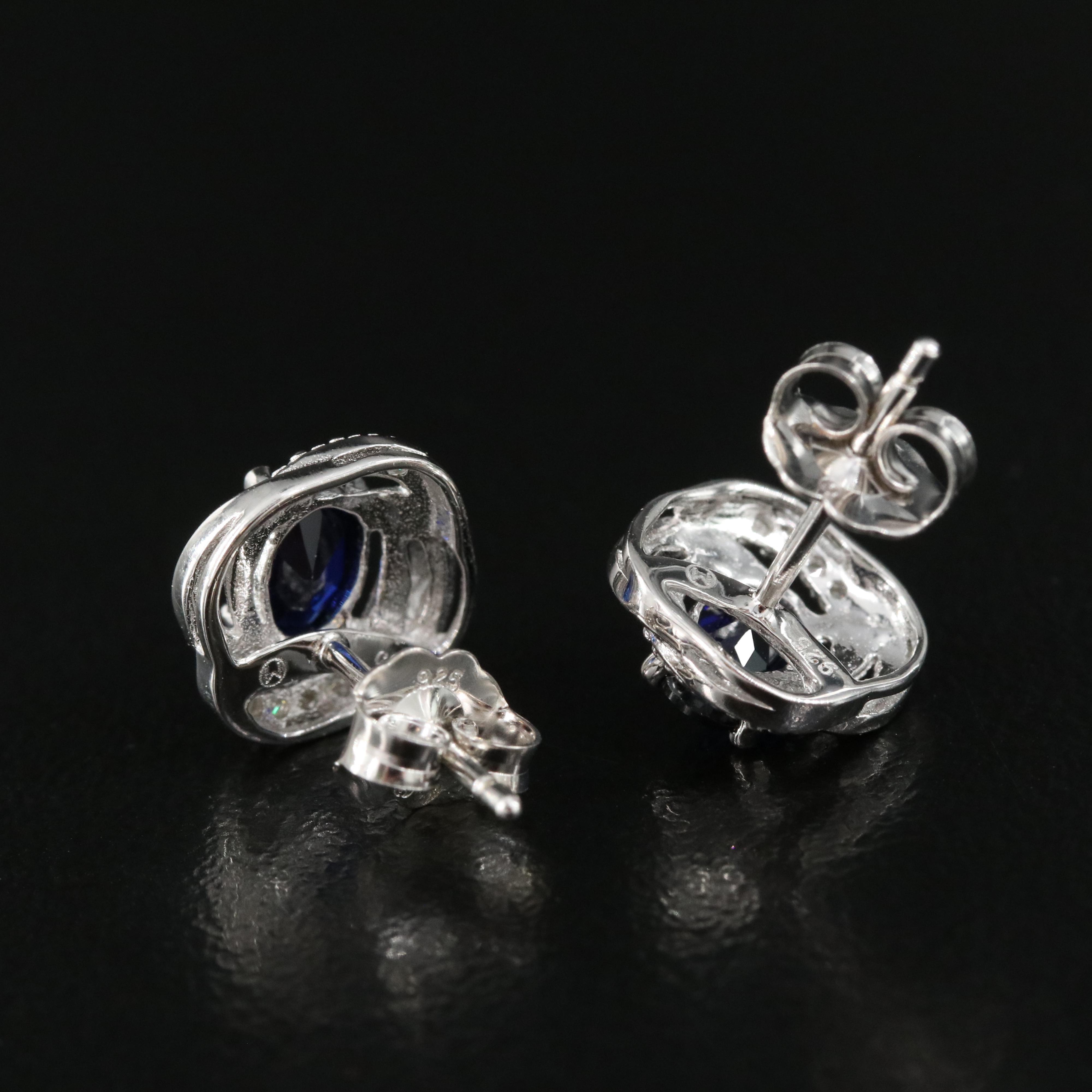 Sterling Sapphire and Diamond Stud Earrings