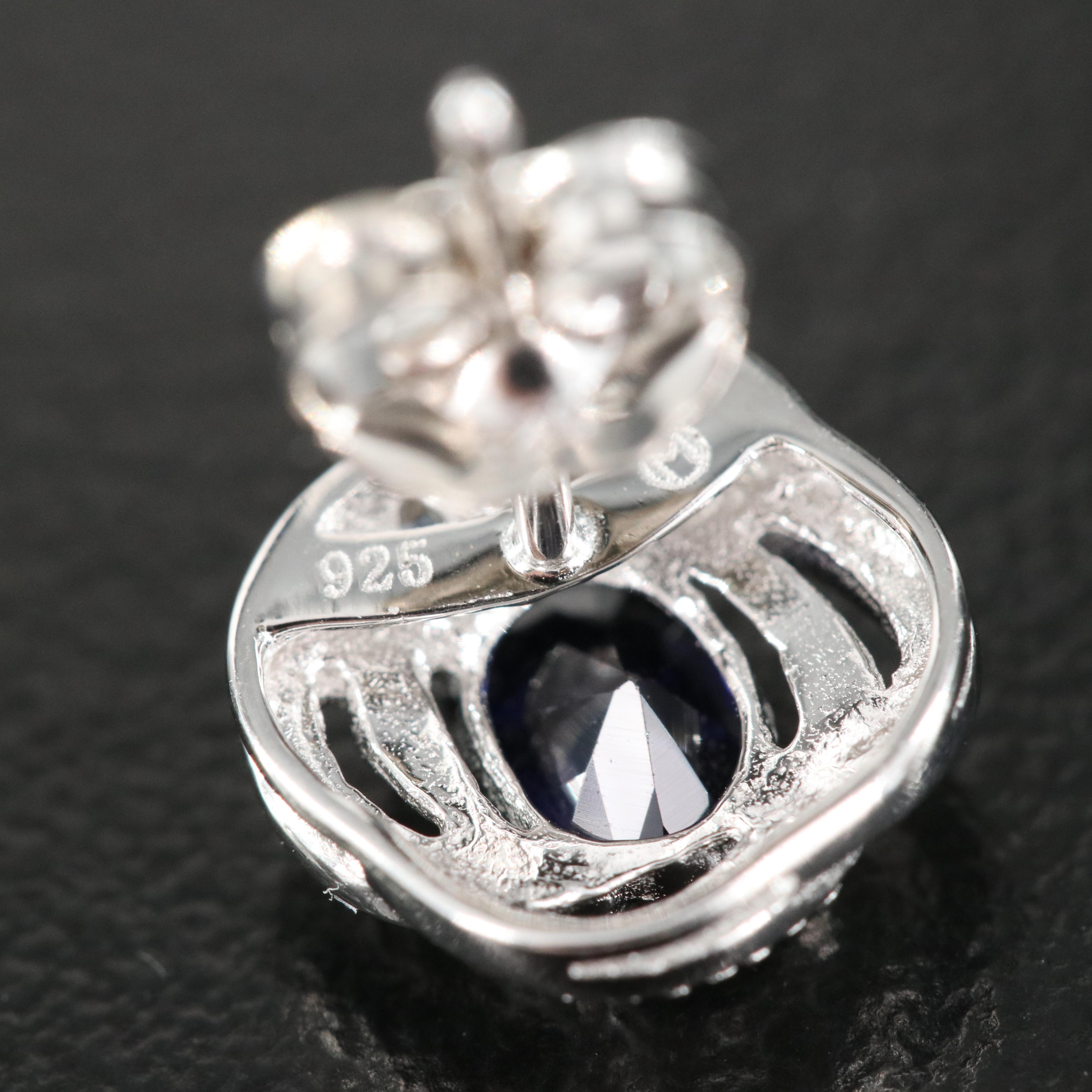 Sterling Sapphire and Diamond Stud Earrings