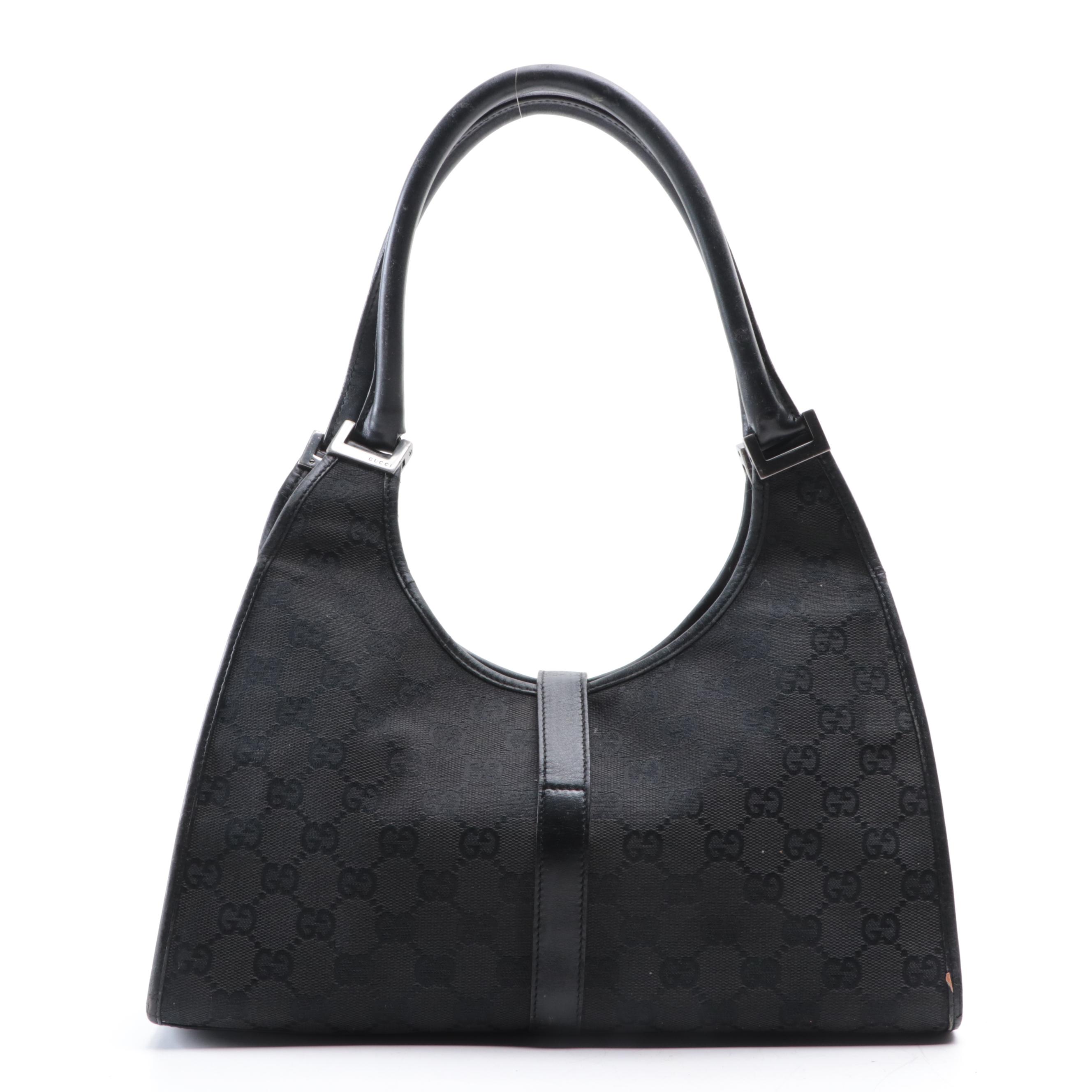 Gucci Black Guccissima Canvas and Leather Shoulder Bag with Push-Lock