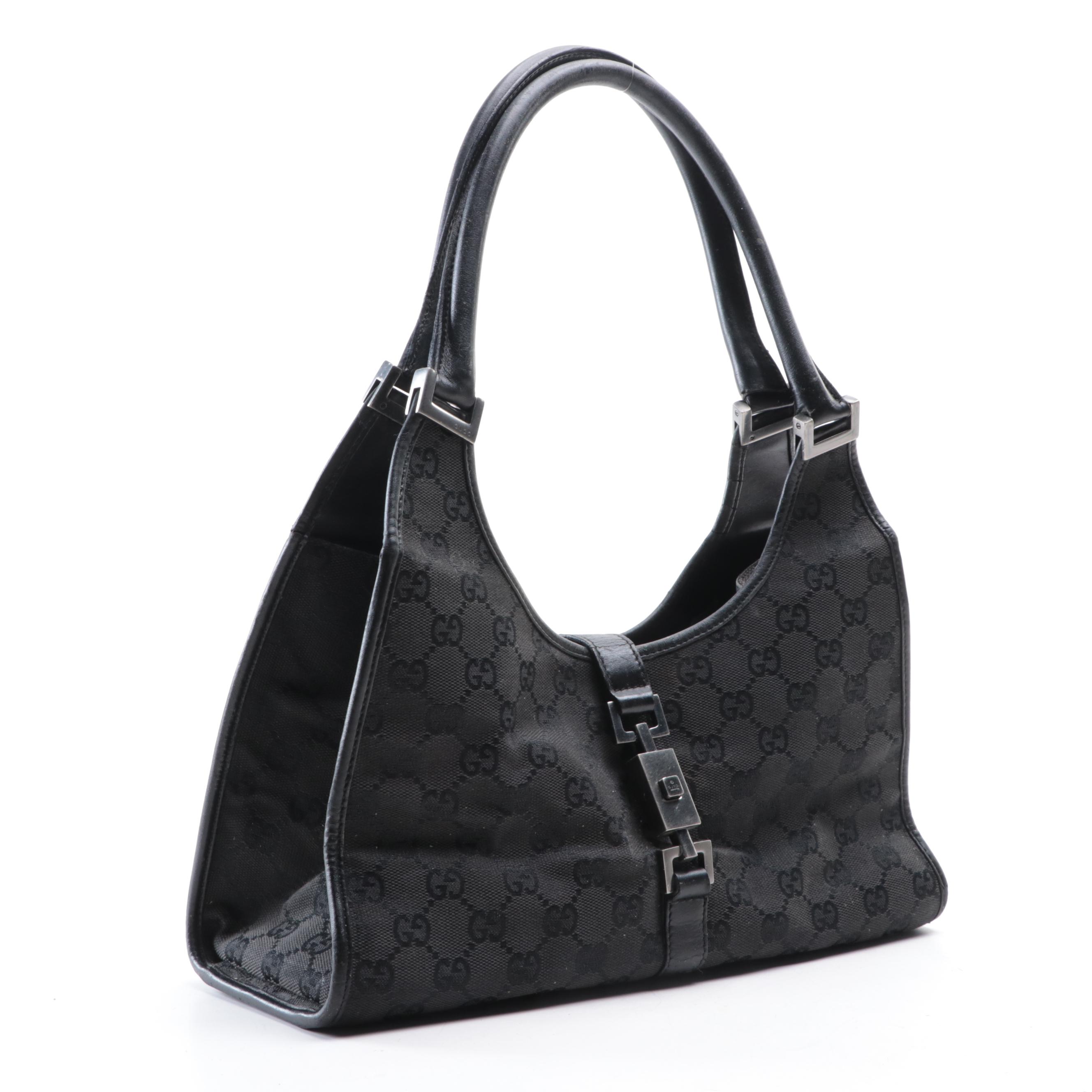 Gucci Black Guccissima Canvas and Leather Shoulder Bag with Push-Lock