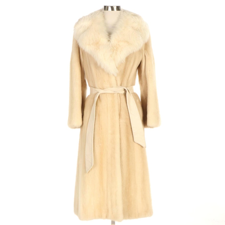 Blonde Mink Fur Belted Coat w/Fox Fur Spread Notch Collar by David Hochstein