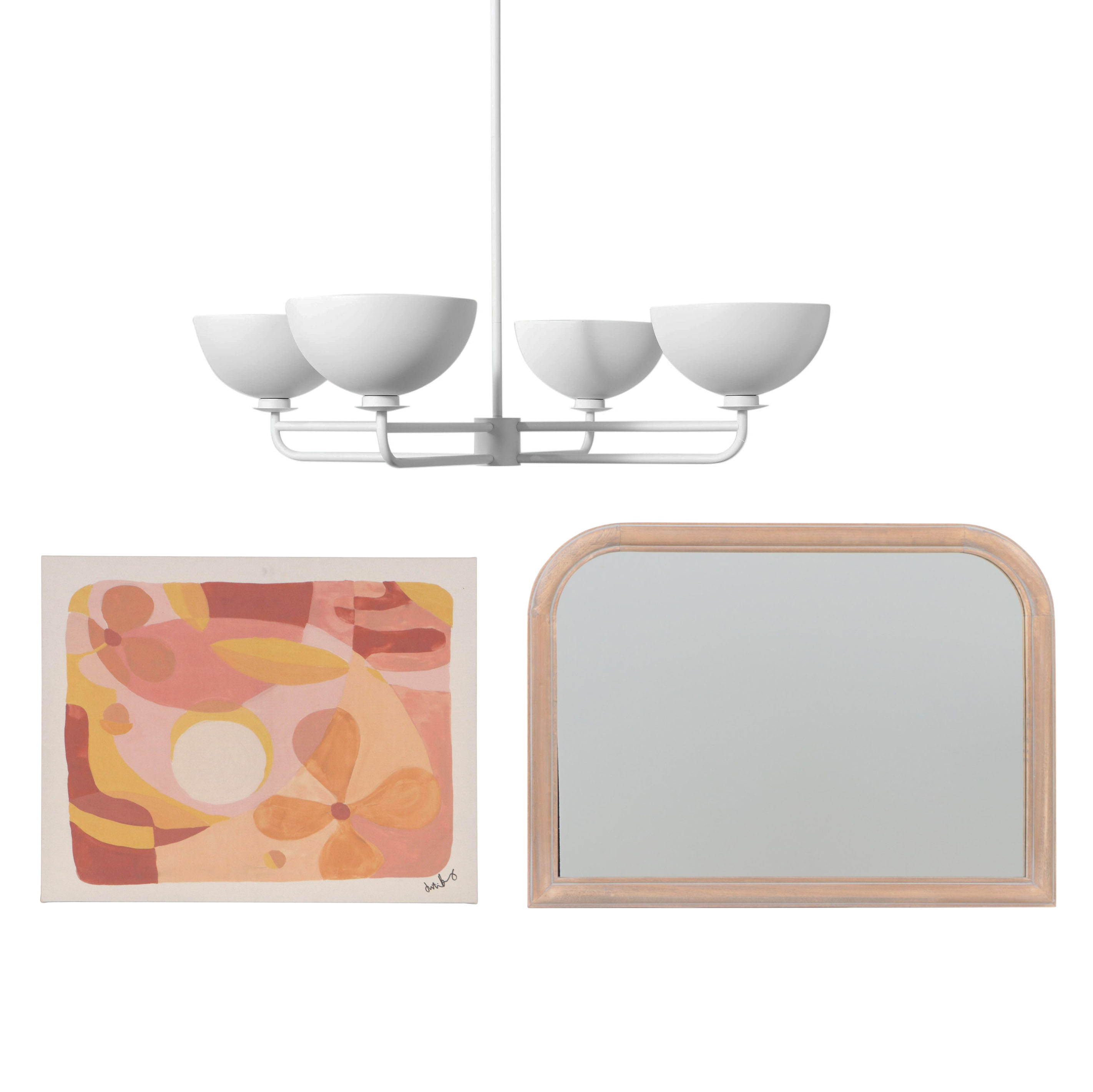 Threshold Dome Chandelier, Mantel Wall Mirror, and Giclée After Justina Blakeney