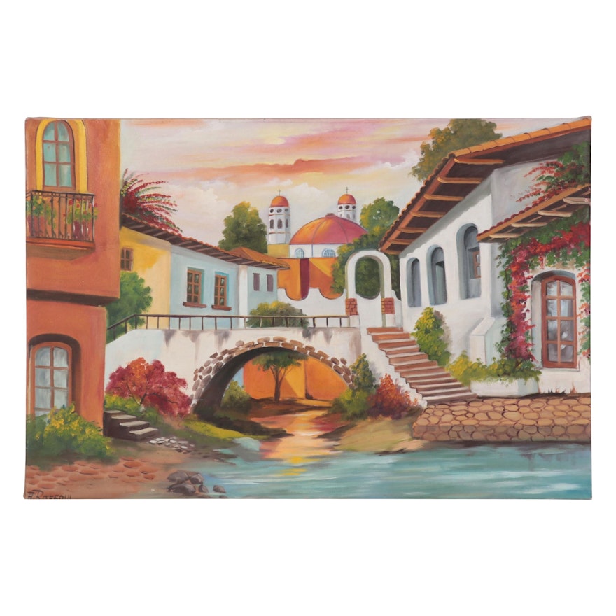 A. Raffoul Mexican City Scene Oil Painting