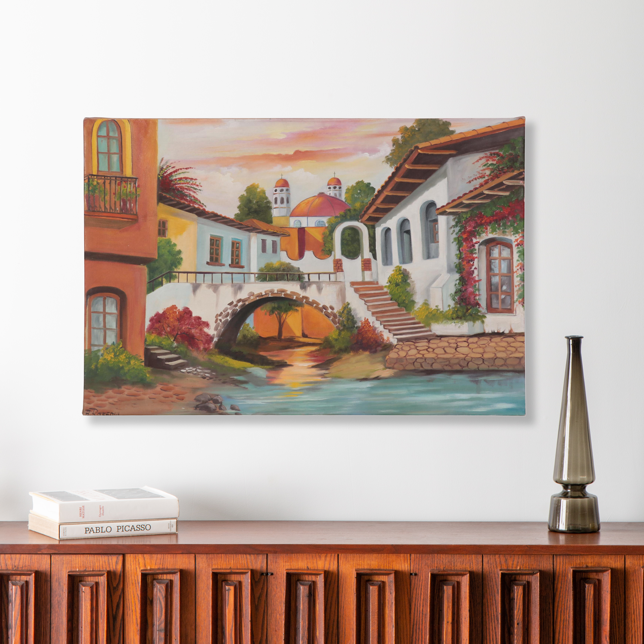 A. Raffoul Mexican City Scene Oil Painting