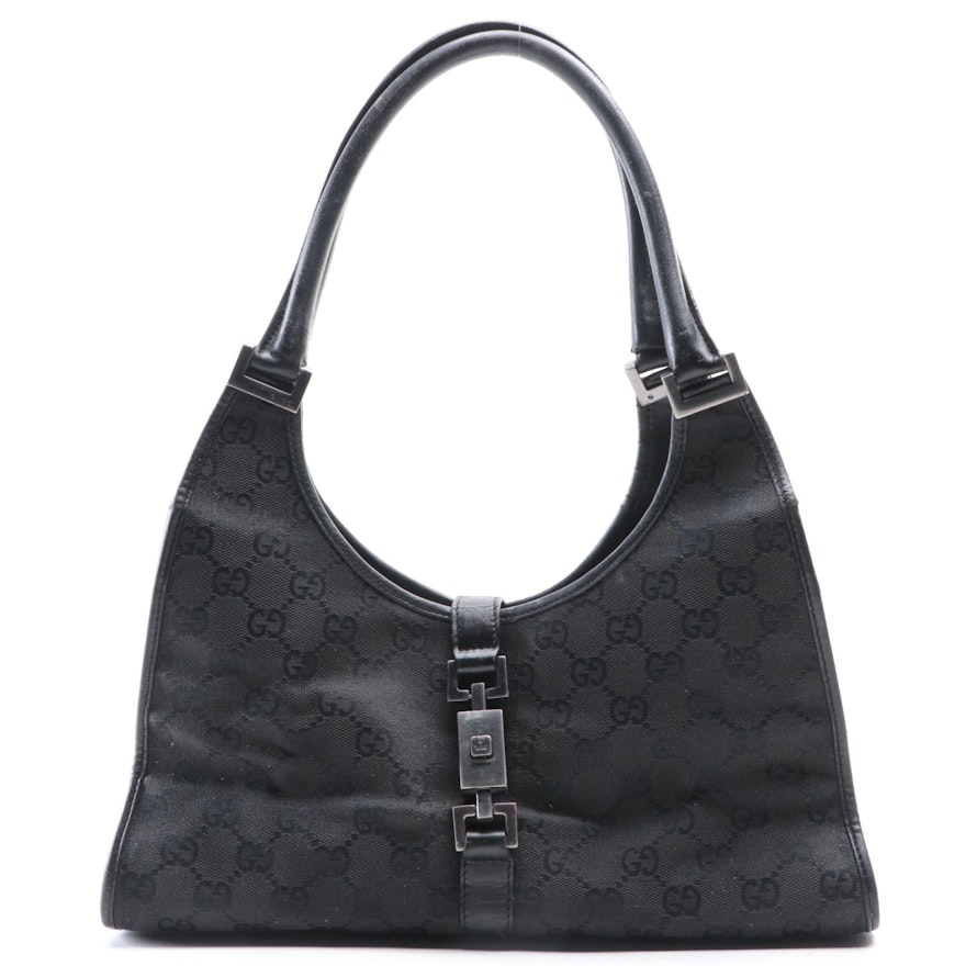 Gucci Black Guccissima Canvas and Leather Shoulder Bag with Push-Lock