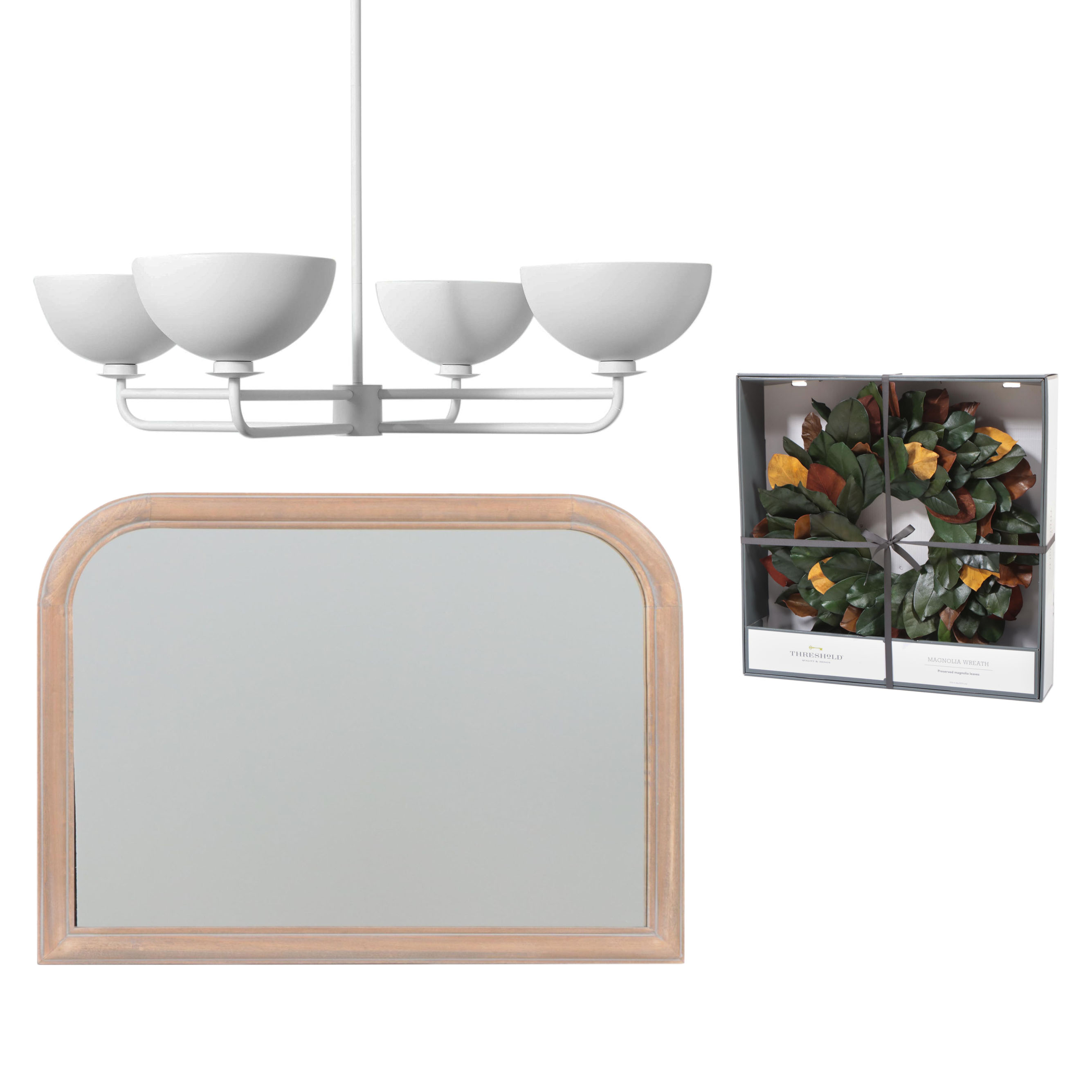 Threshold with Studio McGee Dome Chandelier, Magnolia Wreath and Mantel Mirror