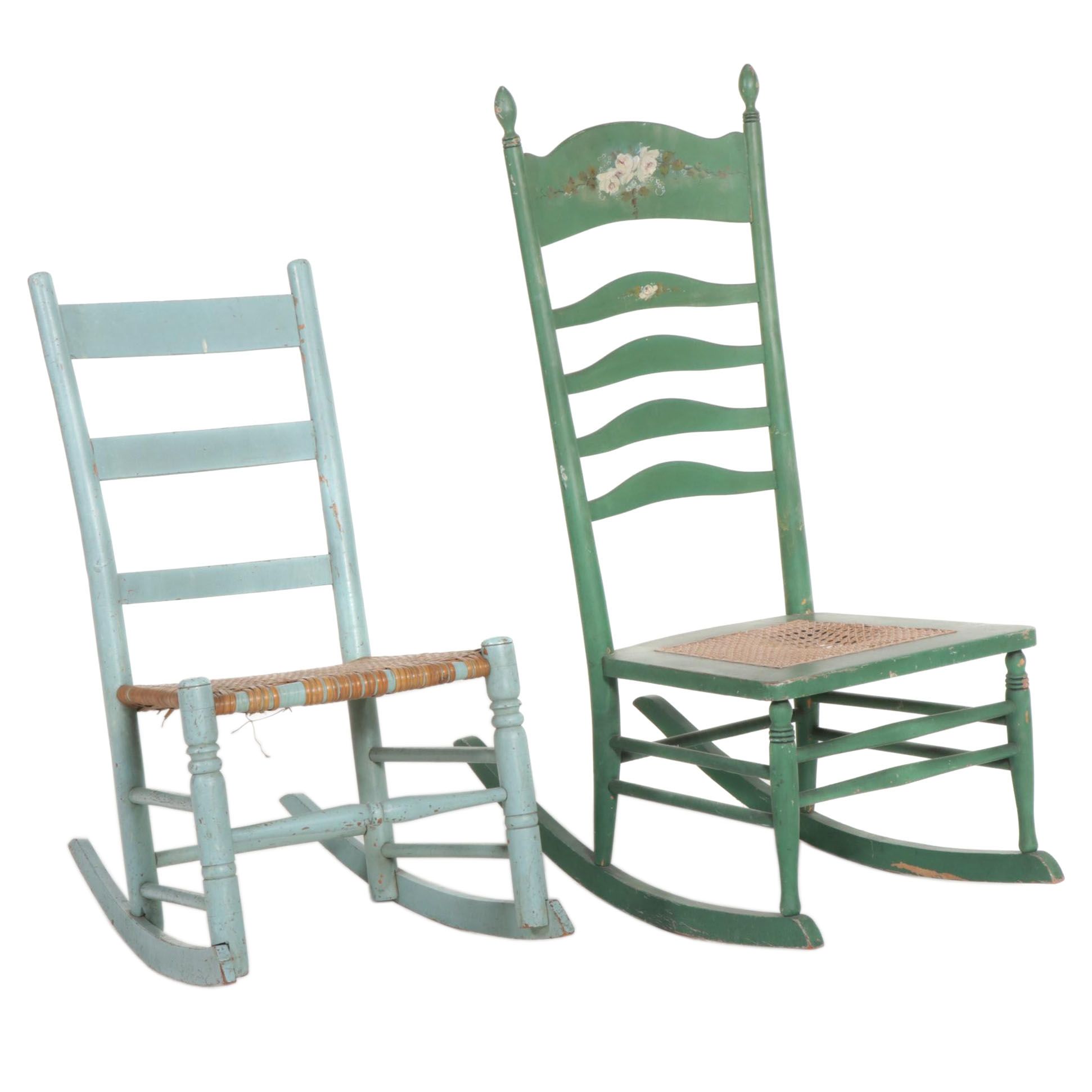 Two Painted Wood Ladder-Back Rocking Chairs, Early 20th Century