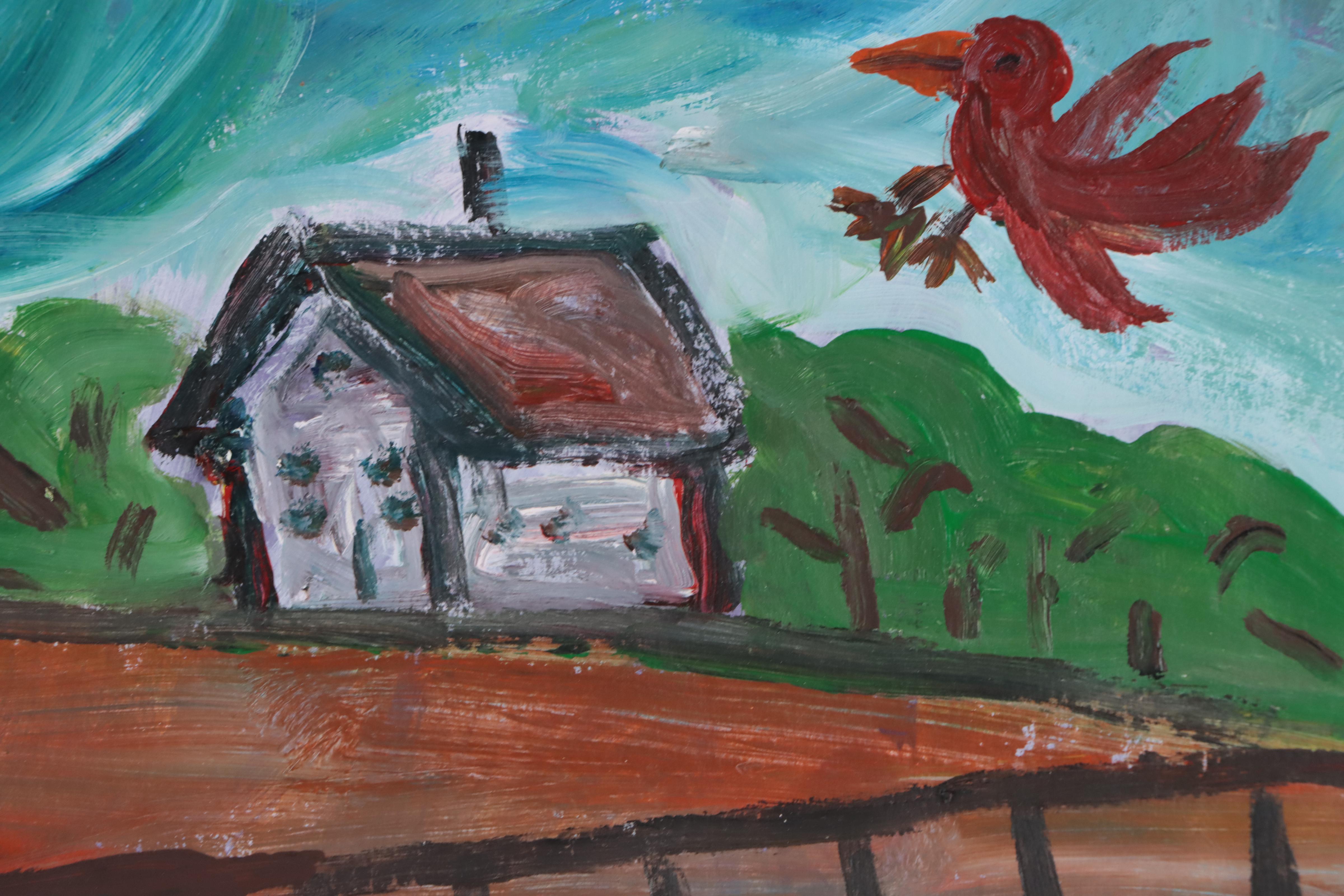 Robert Wright Folk Art Landscape Acrylic Painting, Late 20th Century