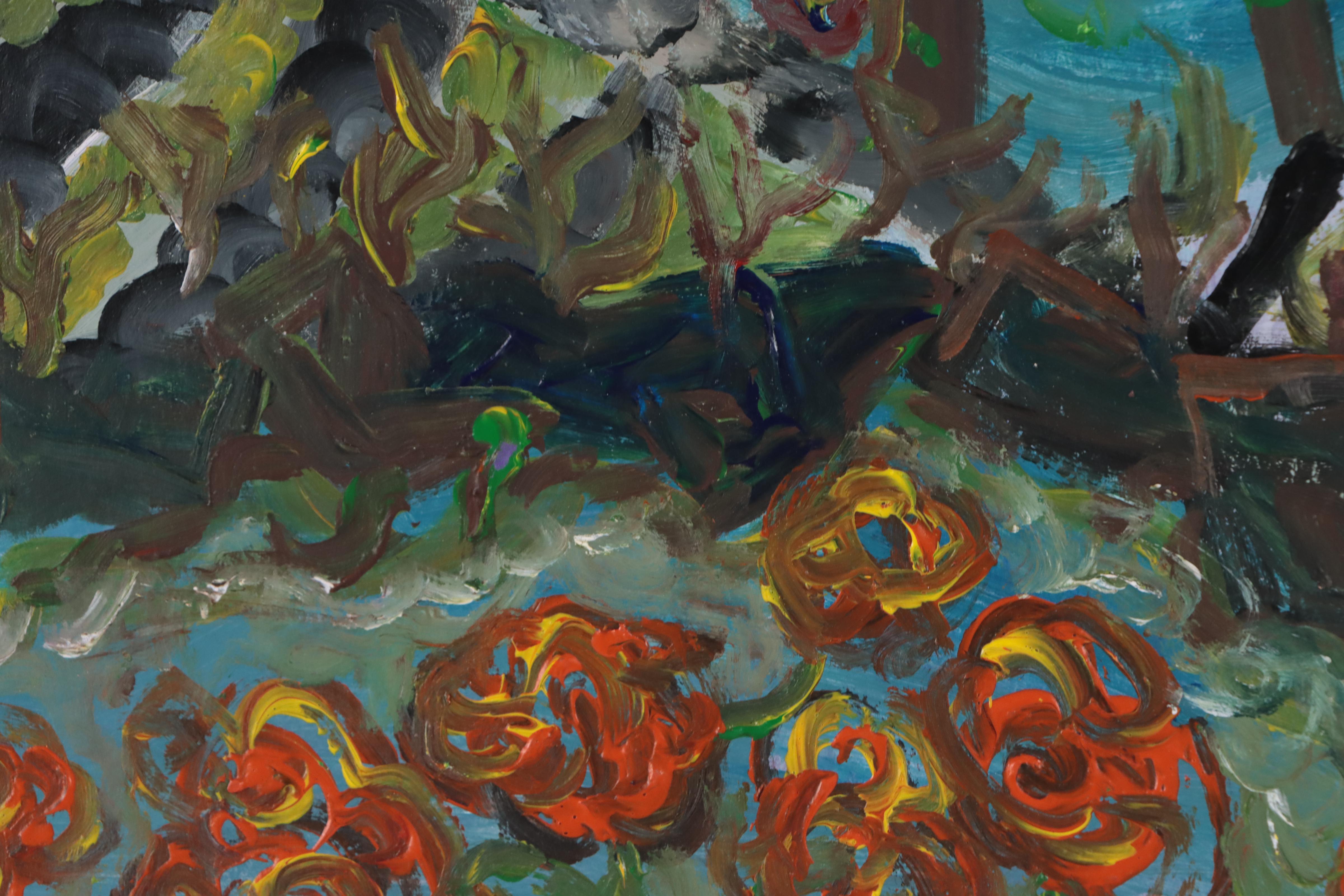 Robert Wright Folk Art Landscape Acrylic Painting, Late 20th Century