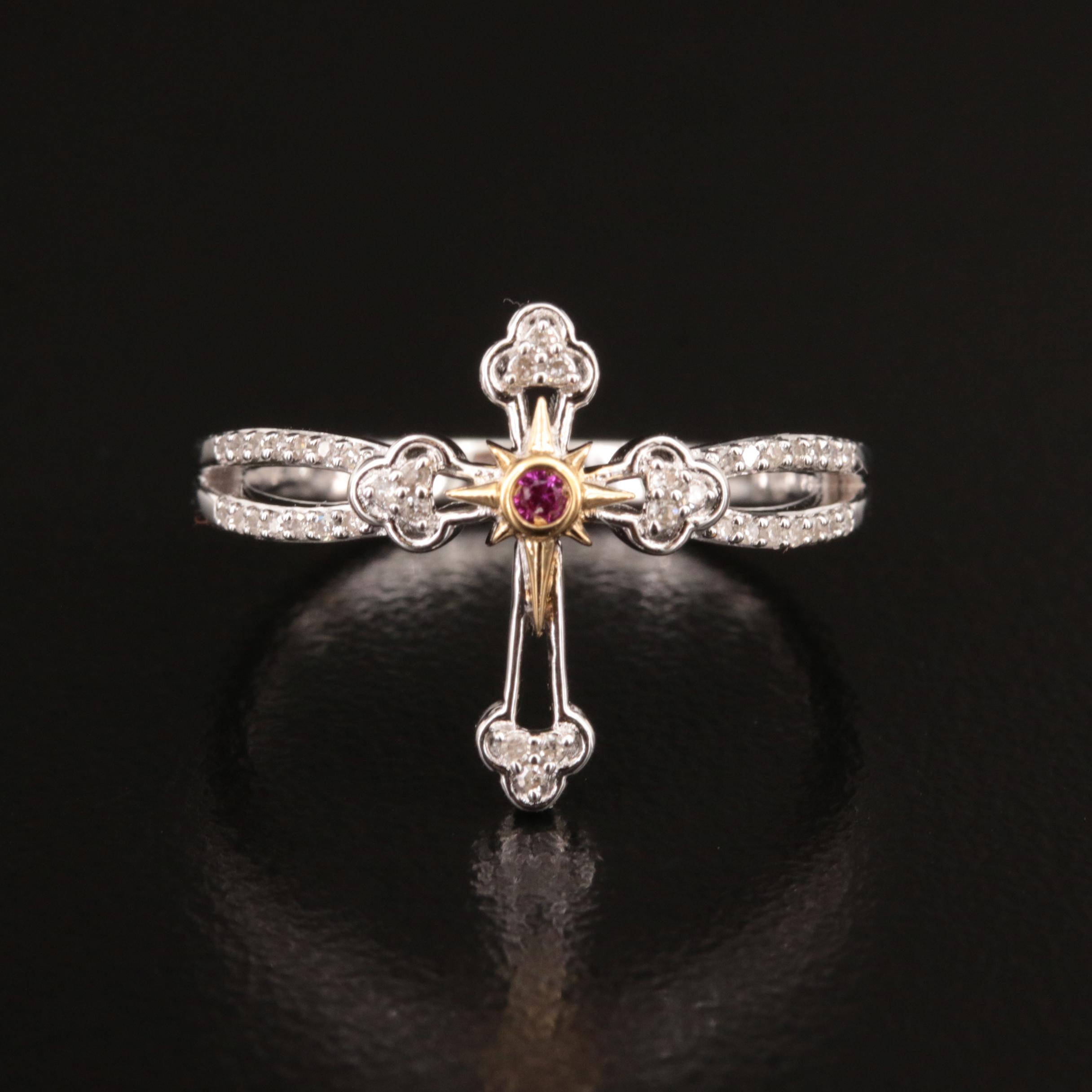 Sterling Diamond and Ruby Cross Ring