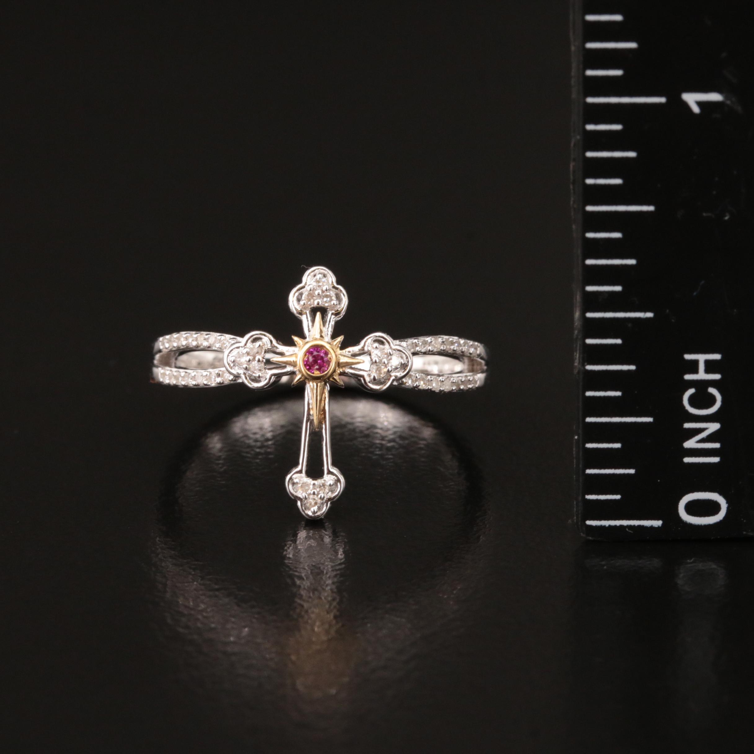 Sterling Diamond and Ruby Cross Ring