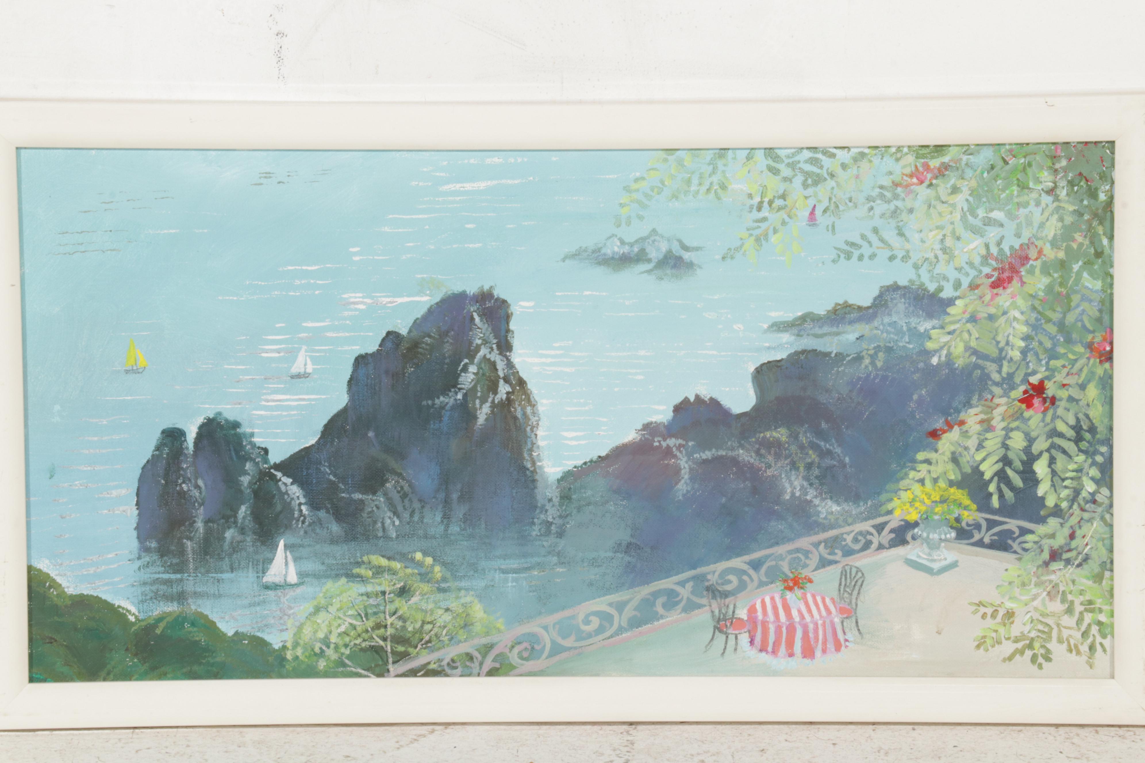 Folk Art Acrylic Paintings of Coastal Vista and Nocturnal Bay, Circa 2000