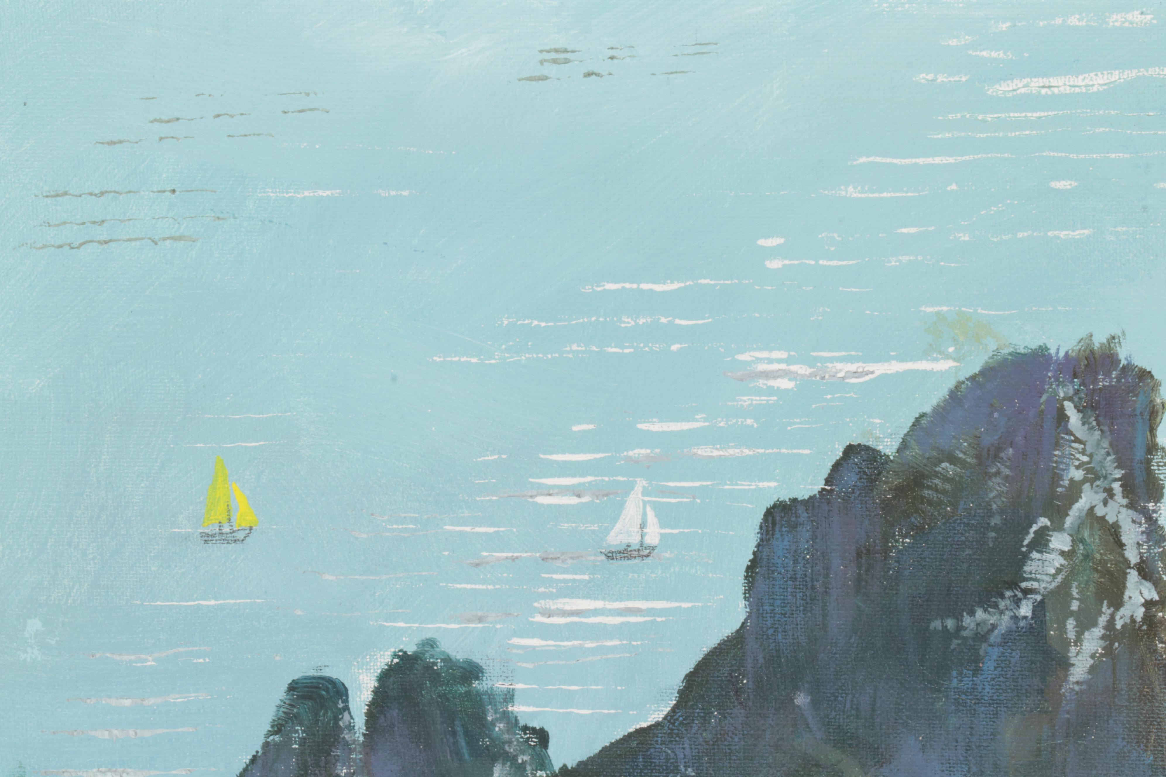 Folk Art Acrylic Paintings of Coastal Vista and Nocturnal Bay, Circa 2000