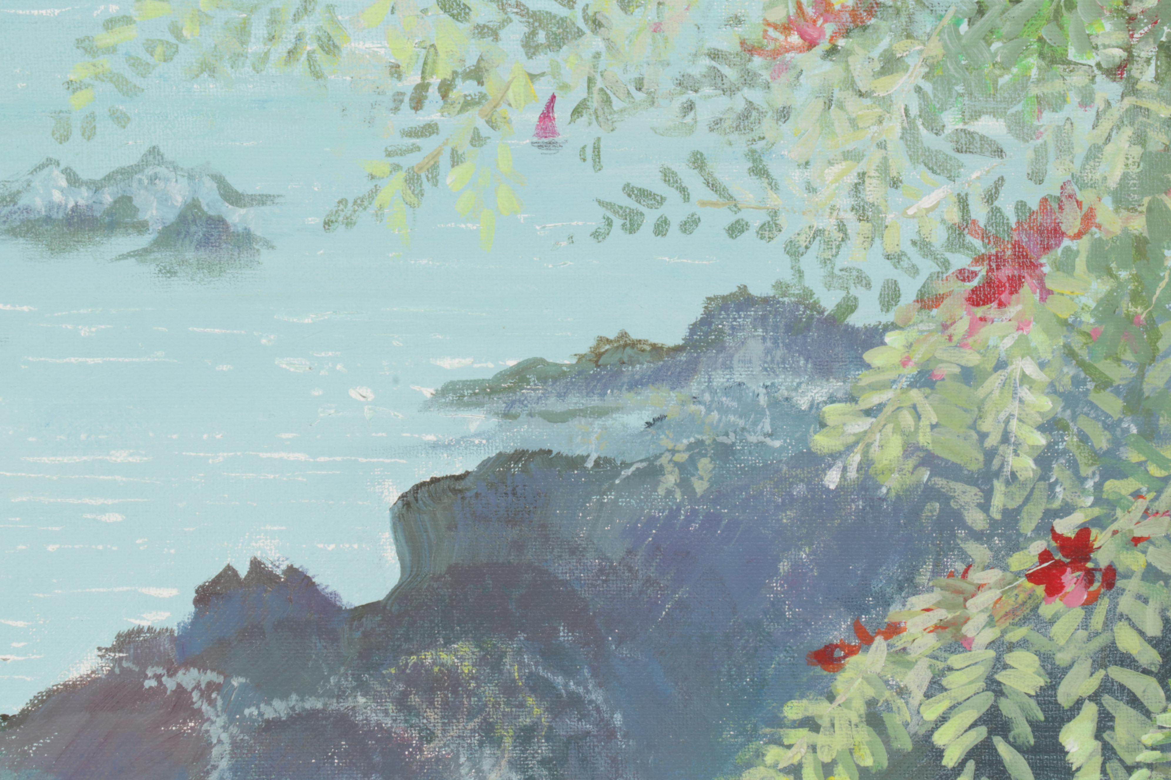 Folk Art Acrylic Paintings of Coastal Vista and Nocturnal Bay, Circa 2000