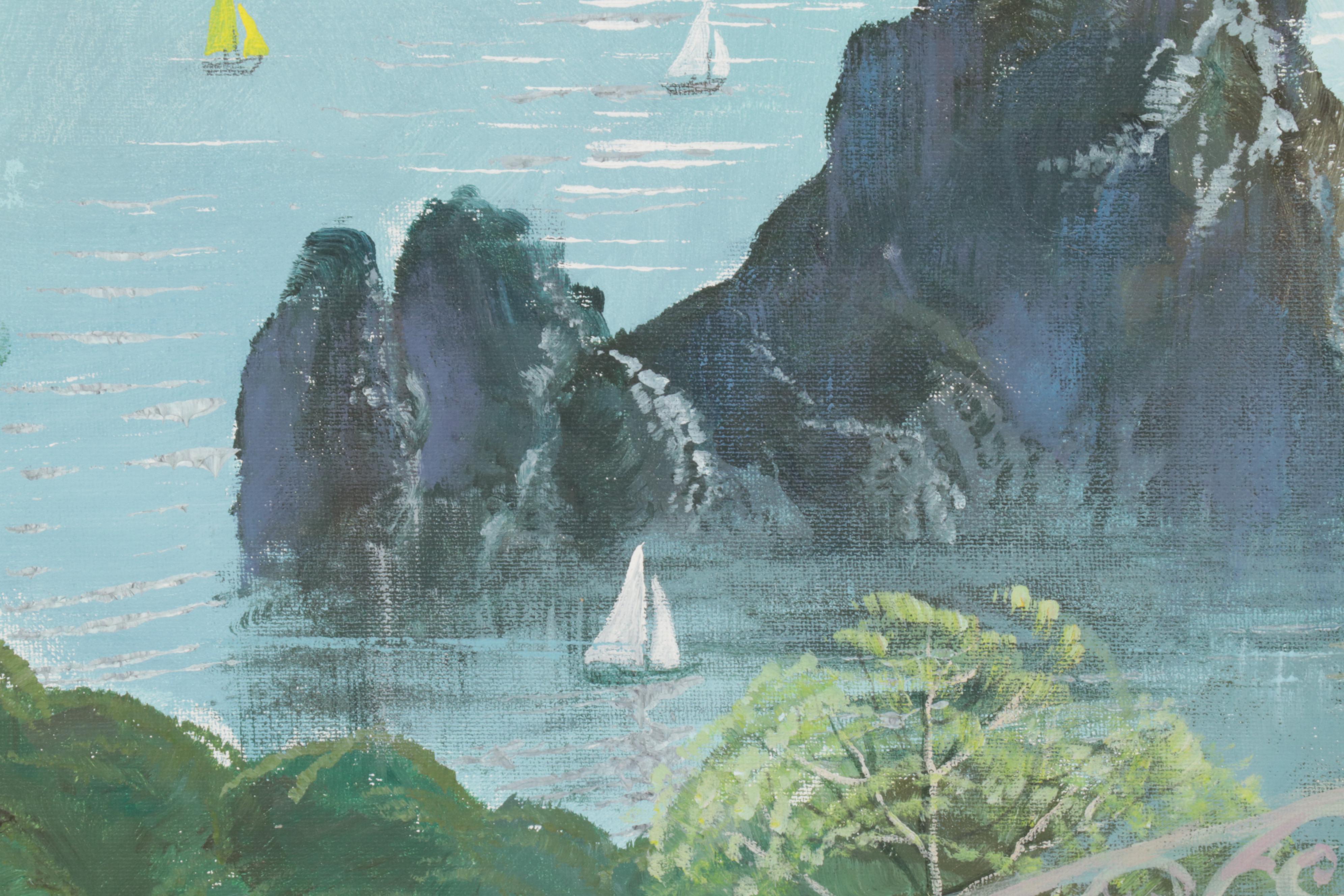 Folk Art Acrylic Paintings of Coastal Vista and Nocturnal Bay, Circa 2000