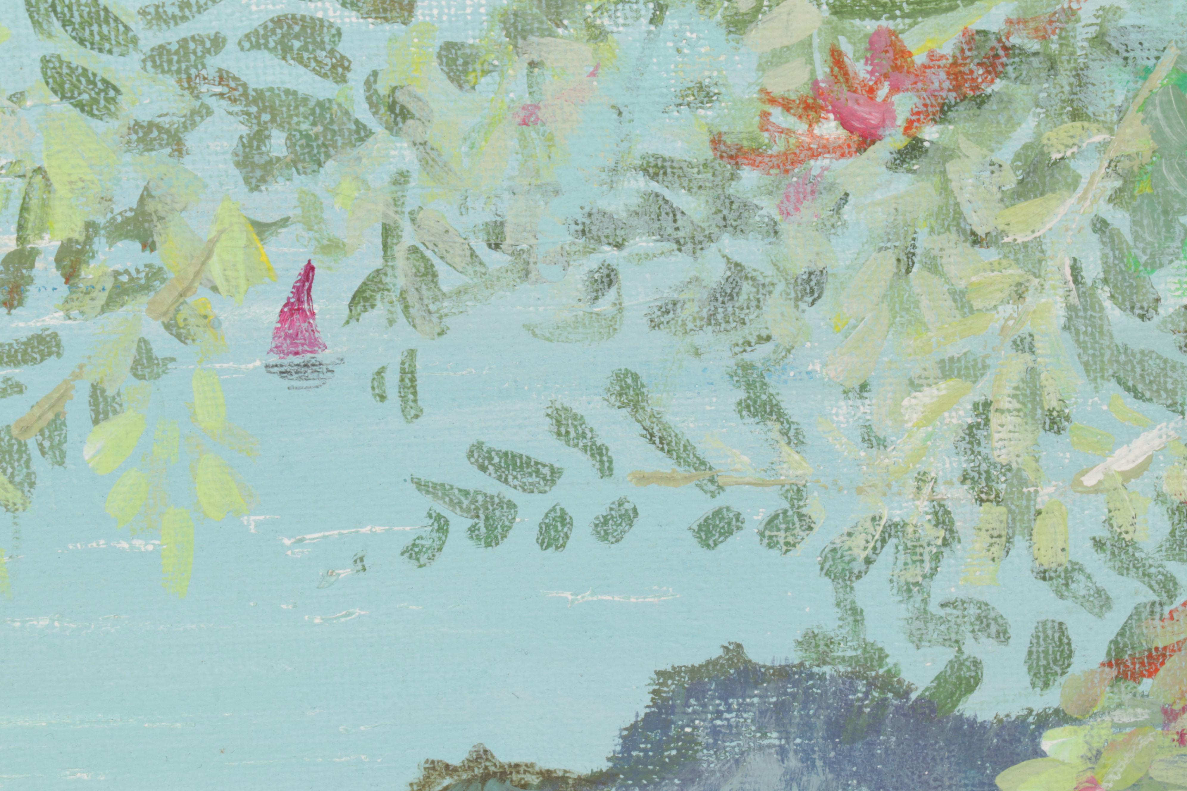 Folk Art Acrylic Paintings of Coastal Vista and Nocturnal Bay, Circa 2000