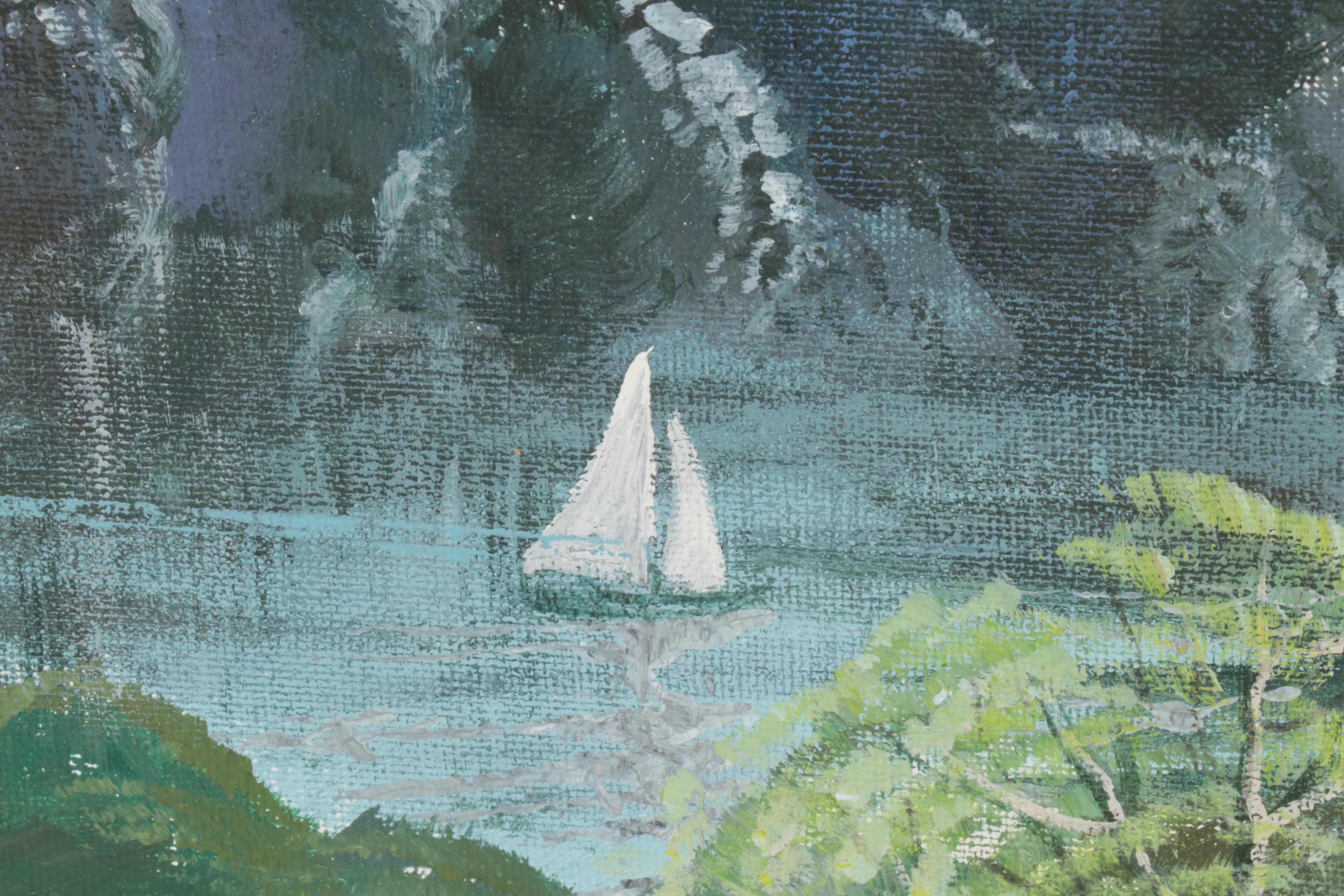 Folk Art Acrylic Paintings of Coastal Vista and Nocturnal Bay, Circa 2000