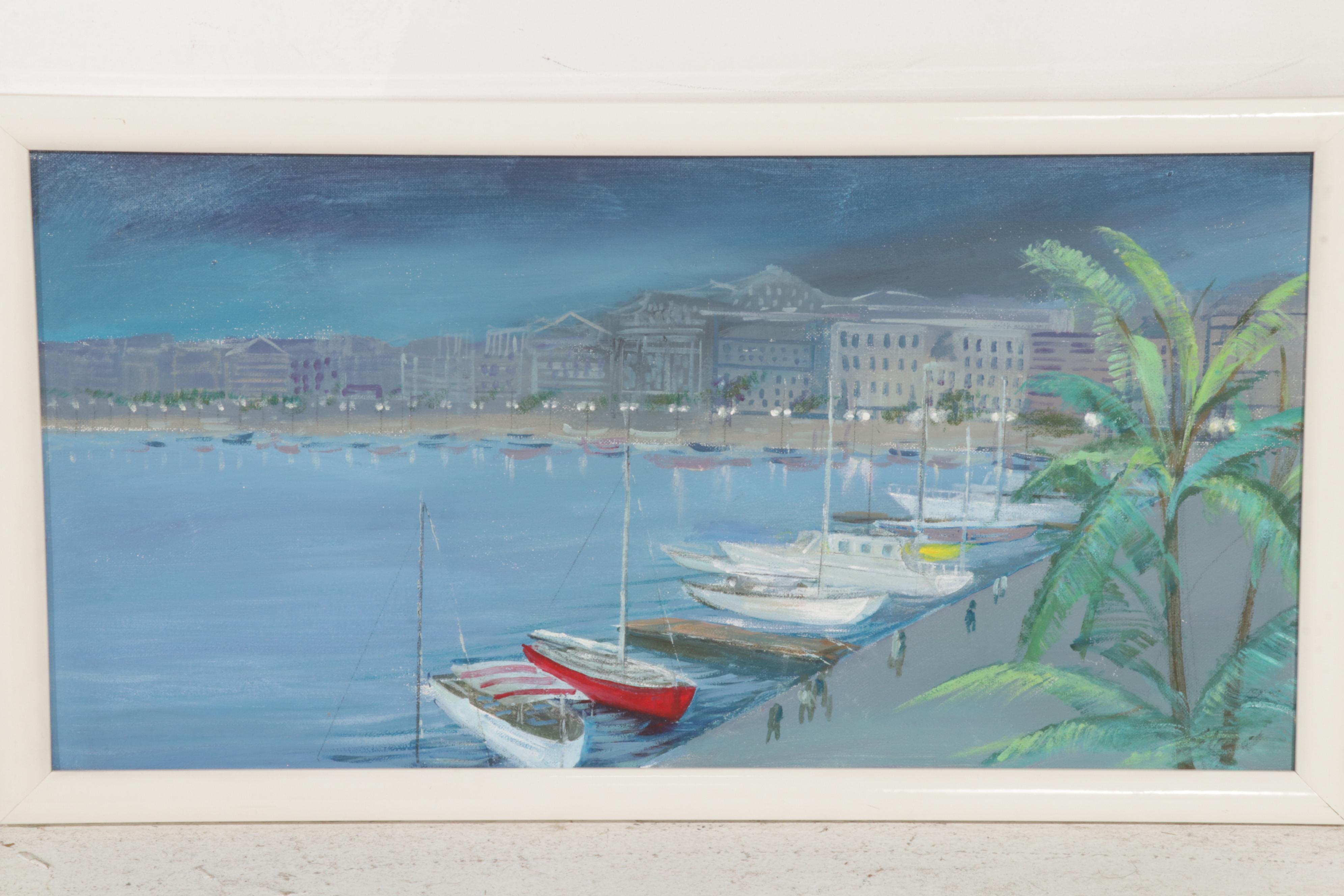 Folk Art Acrylic Paintings of Coastal Vista and Nocturnal Bay, Circa 2000