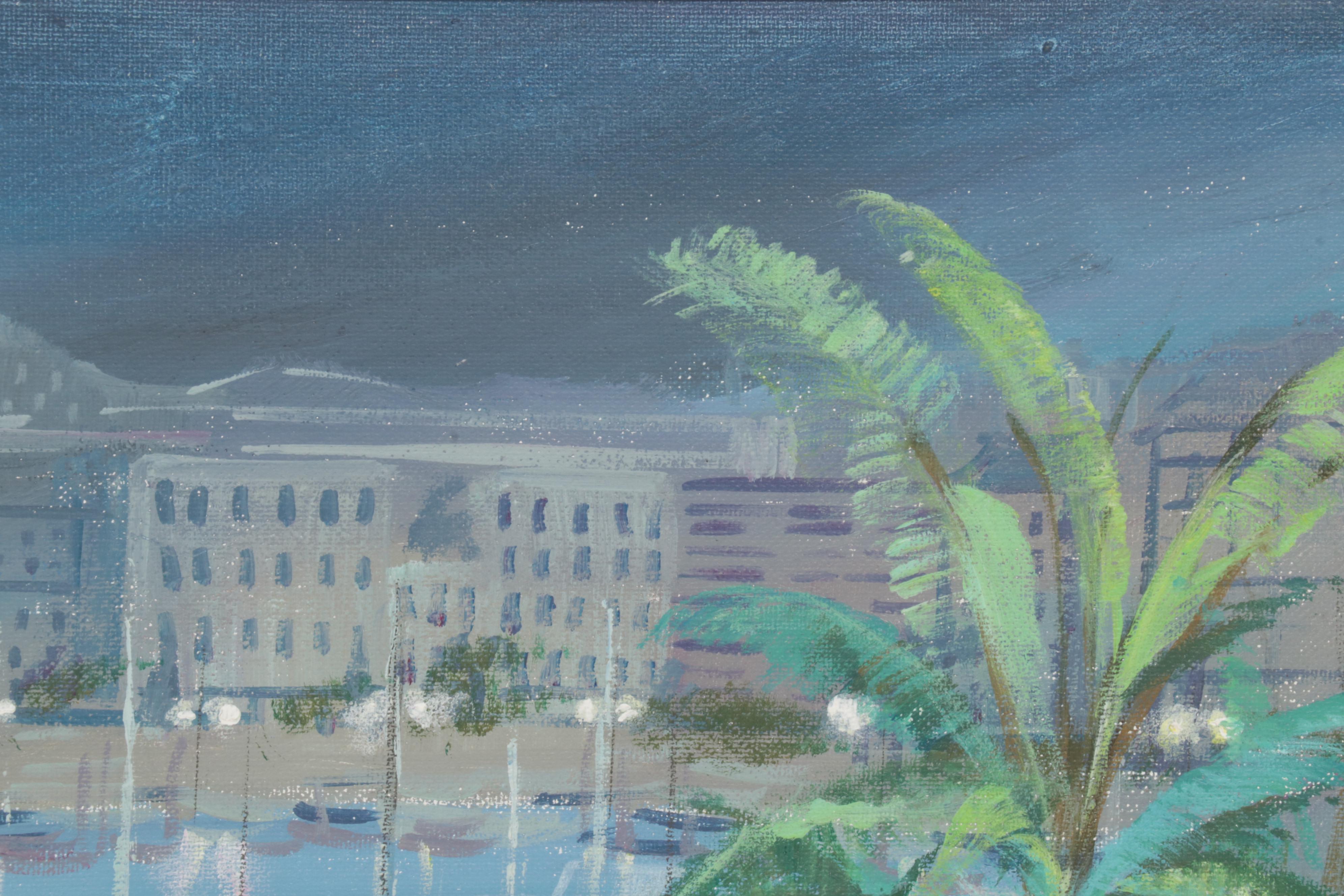 Folk Art Acrylic Paintings of Coastal Vista and Nocturnal Bay, Circa 2000