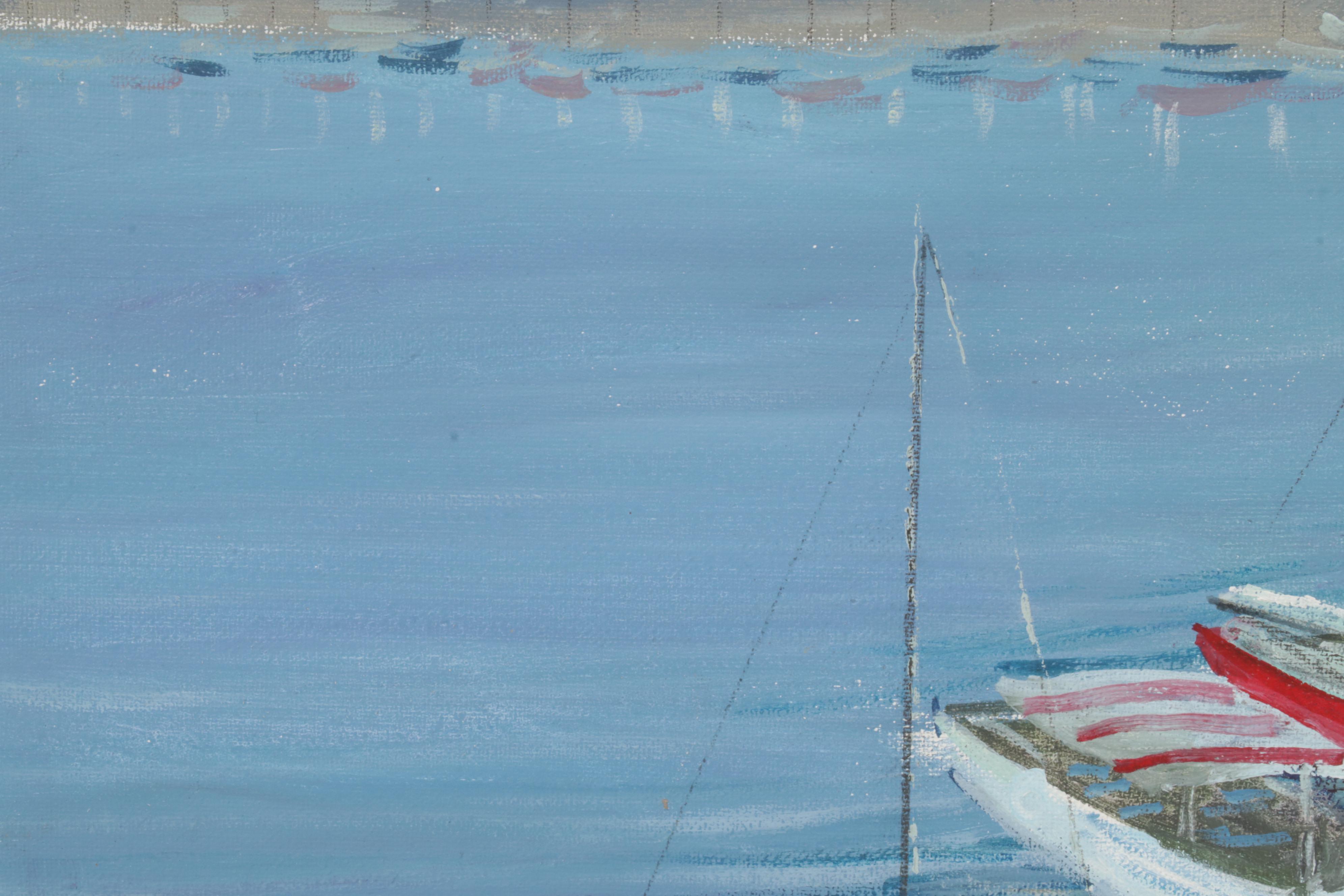 Folk Art Acrylic Paintings of Coastal Vista and Nocturnal Bay, Circa 2000