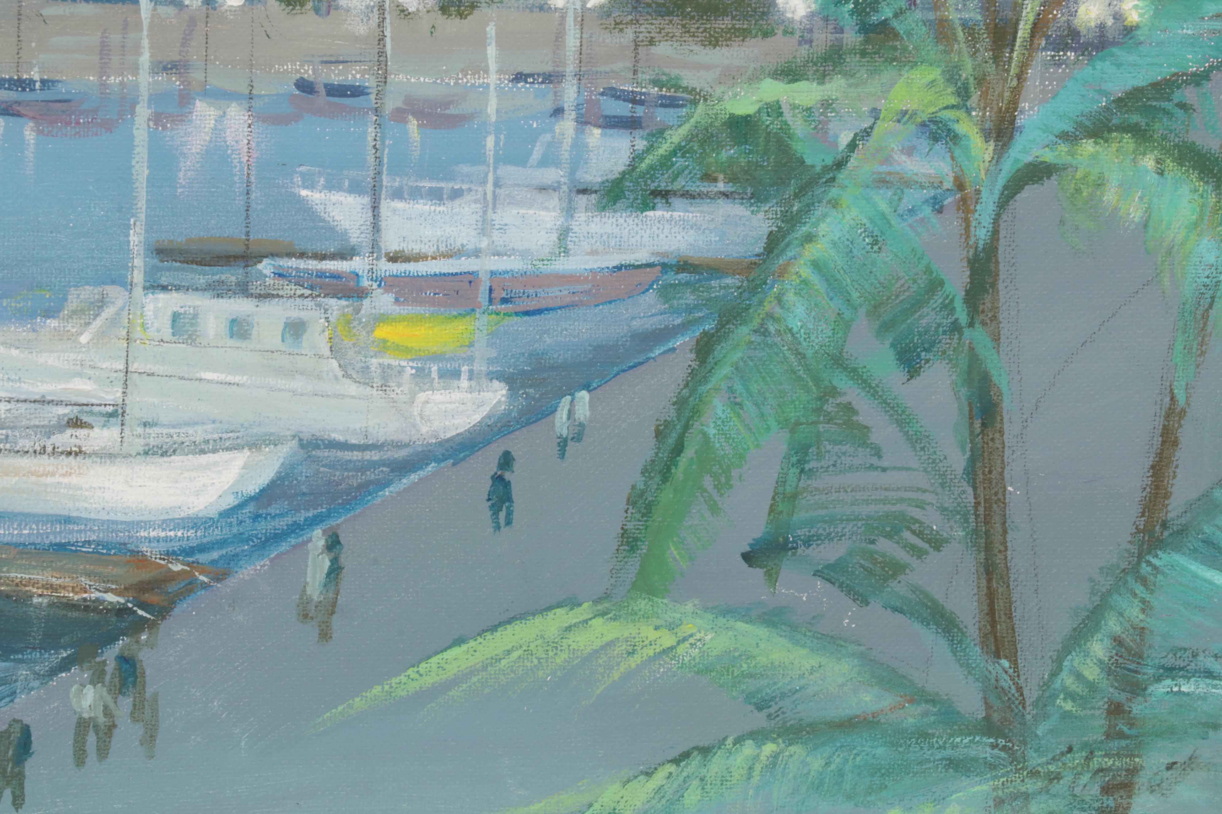 Folk Art Acrylic Paintings of Coastal Vista and Nocturnal Bay, Circa 2000