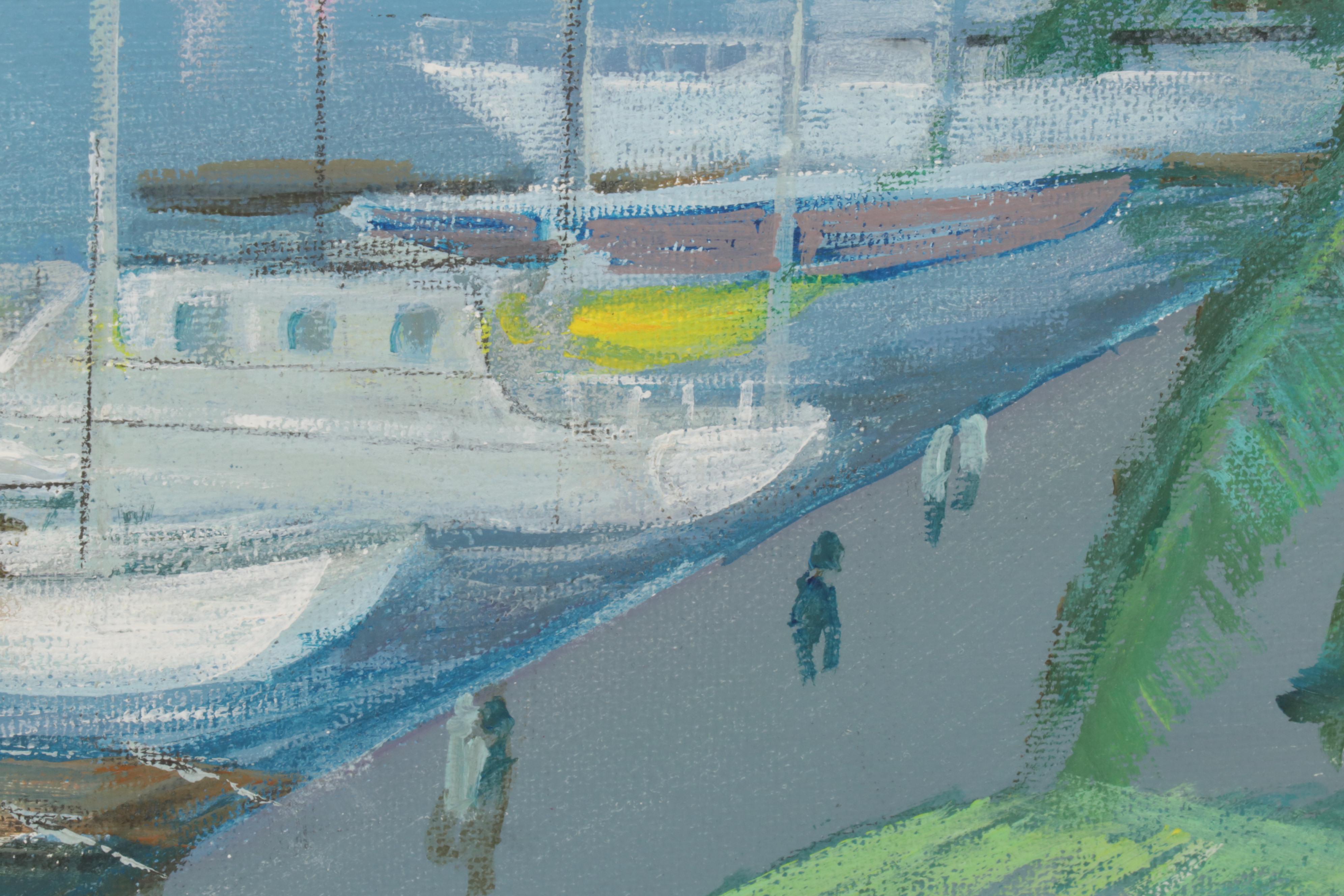 Folk Art Acrylic Paintings of Coastal Vista and Nocturnal Bay, Circa 2000