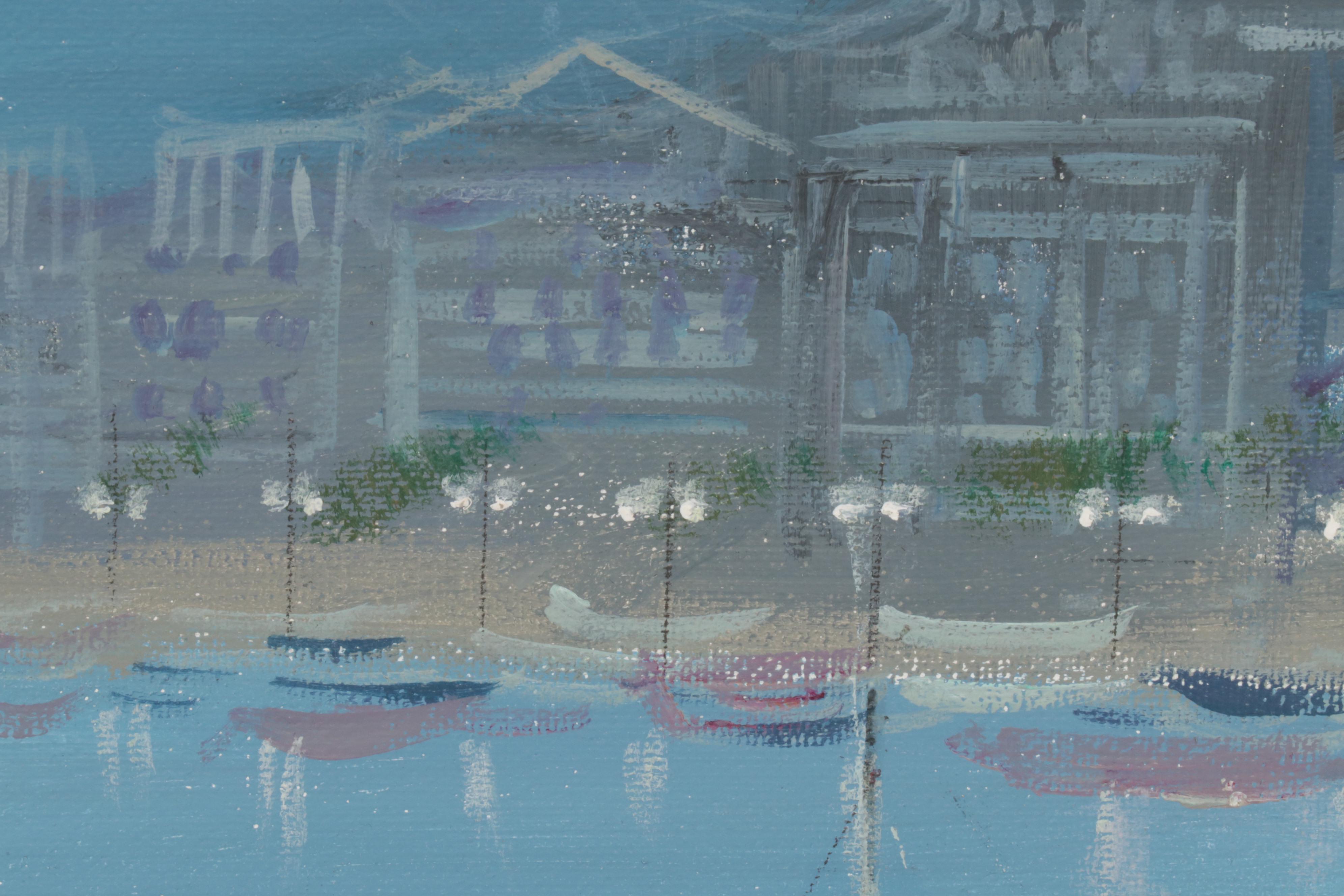 Folk Art Acrylic Paintings of Coastal Vista and Nocturnal Bay, Circa 2000