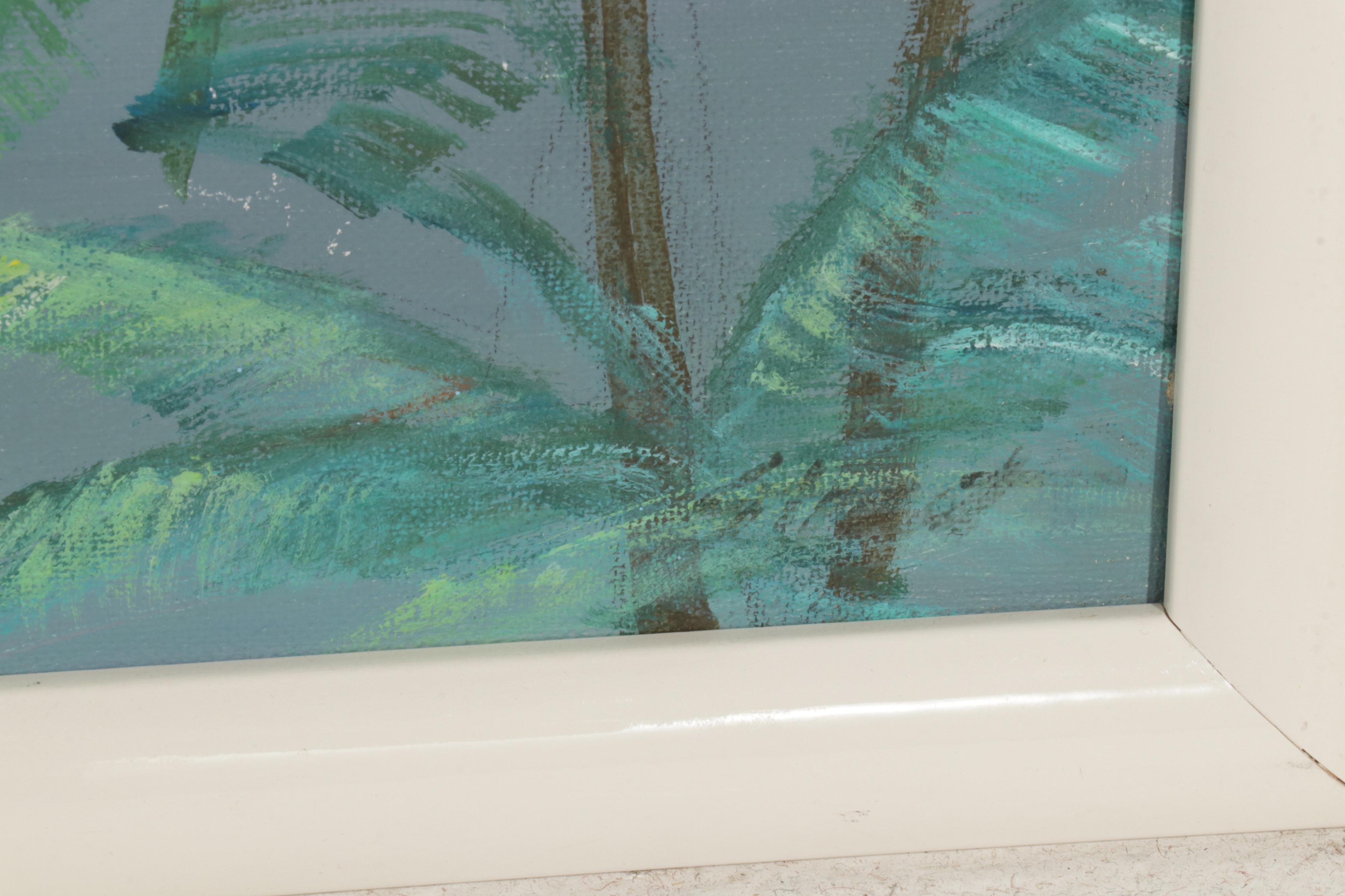 Folk Art Acrylic Paintings of Coastal Vista and Nocturnal Bay, Circa 2000